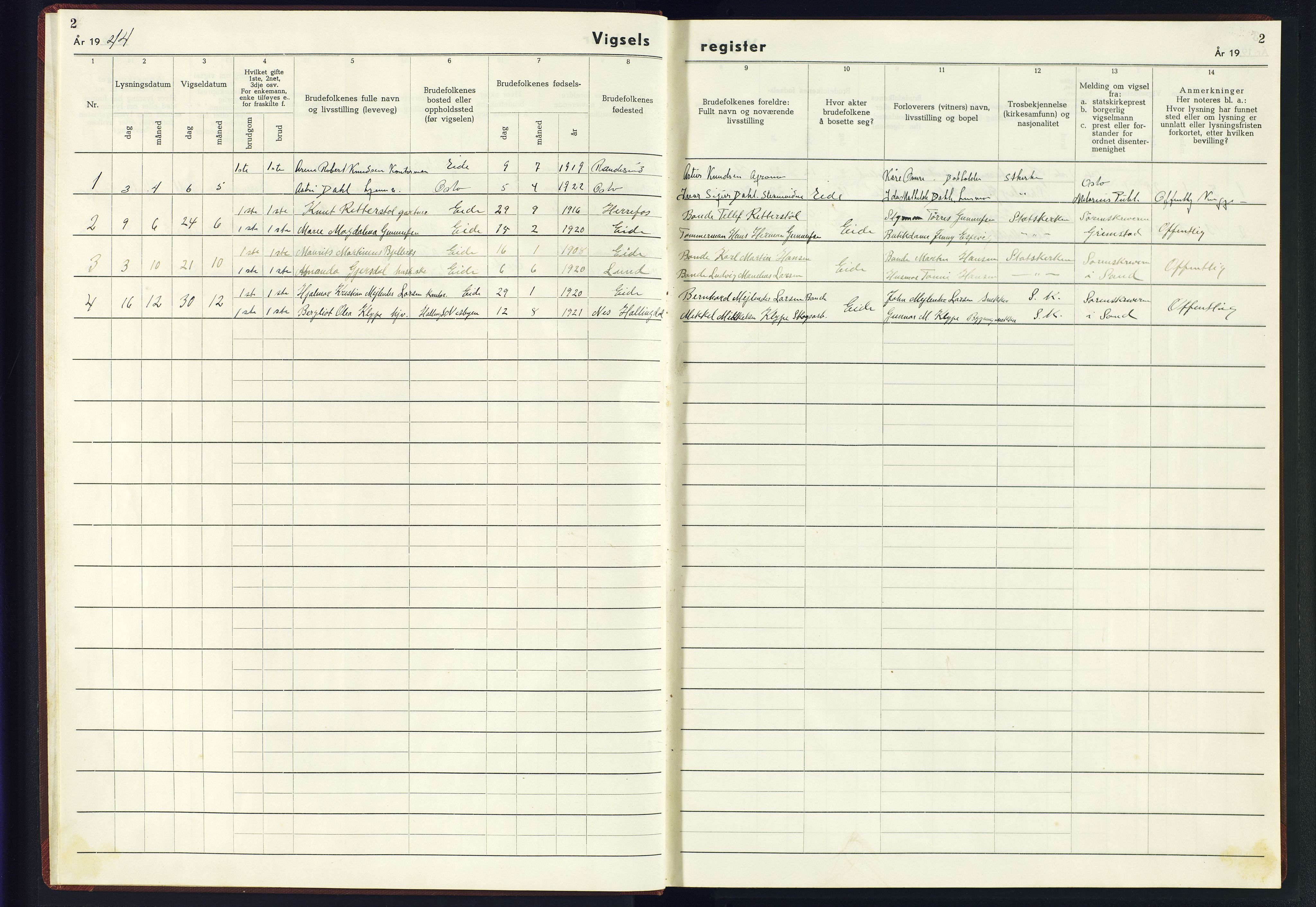 Hommedal sokneprestkontor, SAK/1111-0023/J/Jf/L0004: Vigselsregister nr. 4, 1943-1945, s. 2