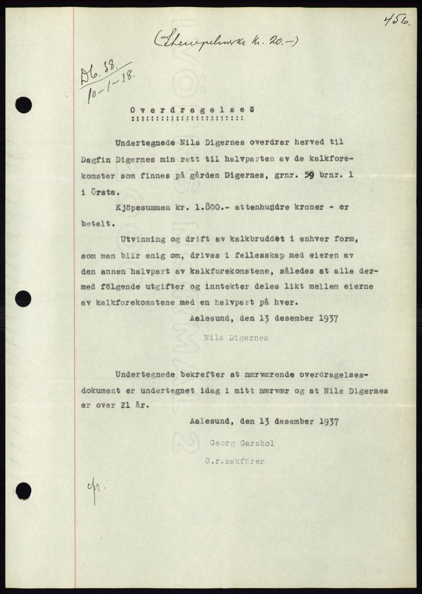 Søre Sunnmøre sorenskriveri, SAT/A-4122/1/2/2C/L0064: Pantebok nr. 58, 1937-1938, Dagboknr: 38/1938