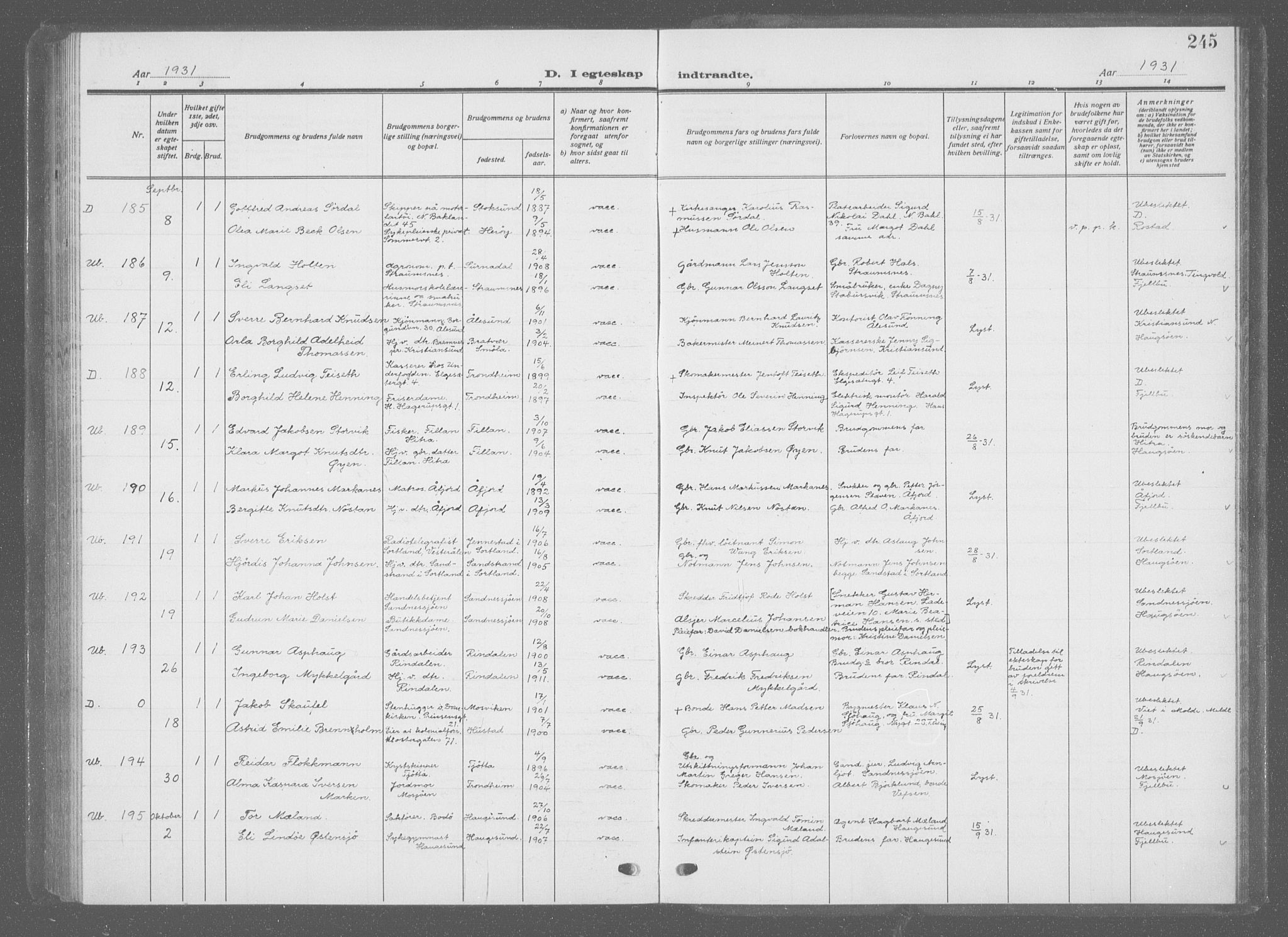 Ministerialprotokoller, klokkerbøker og fødselsregistre - Sør-Trøndelag, SAT/A-1456/601/L0098: Klokkerbok nr. 601C16, 1921-1934, s. 245