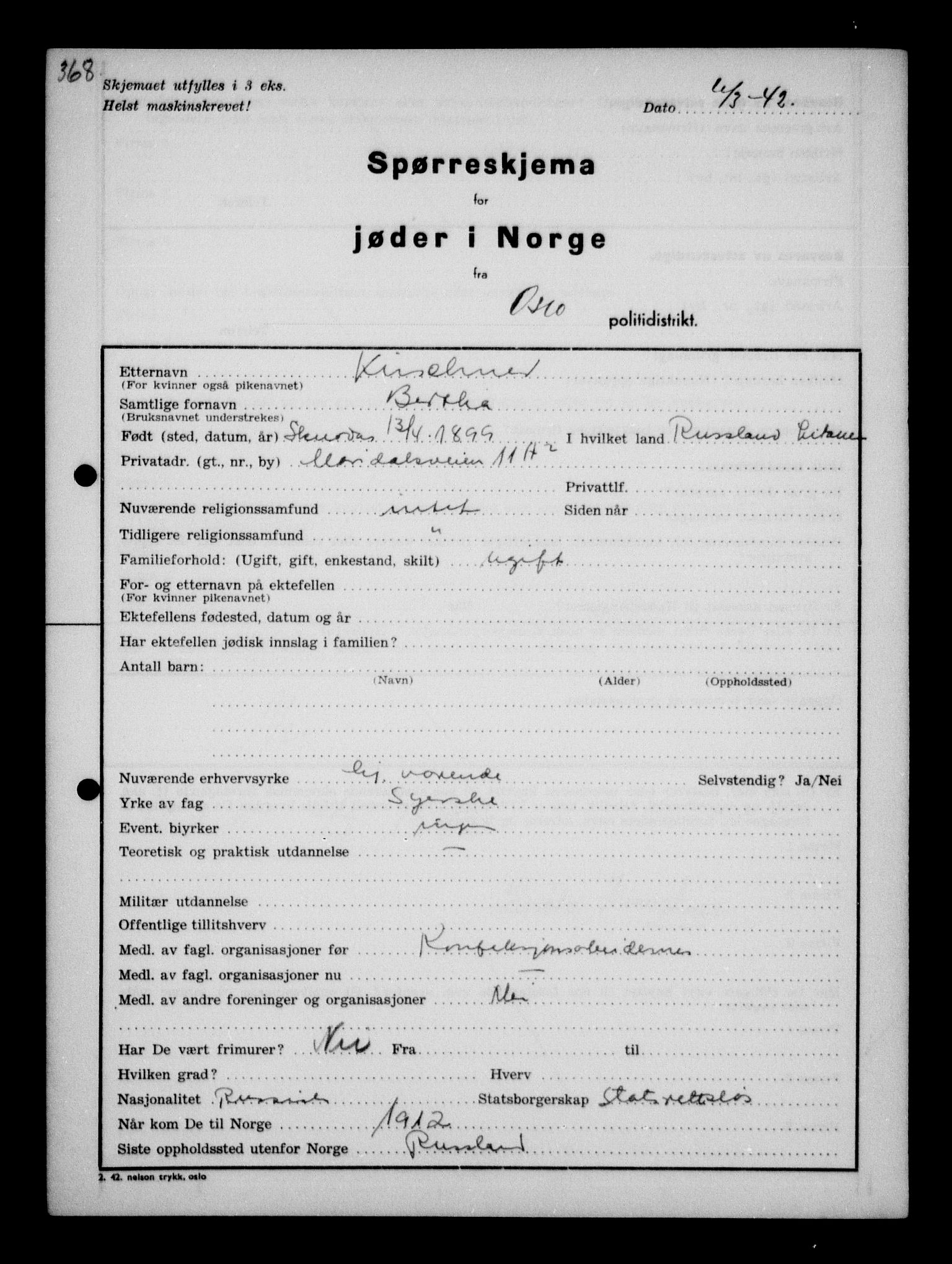 Statspolitiet - Hovedkontoret / Osloavdelingen, AV/RA-S-1329/G/Ga/L0010: Spørreskjema for jøder i Norge, Oslo Hansen-Pintzow, 1942, s. 321