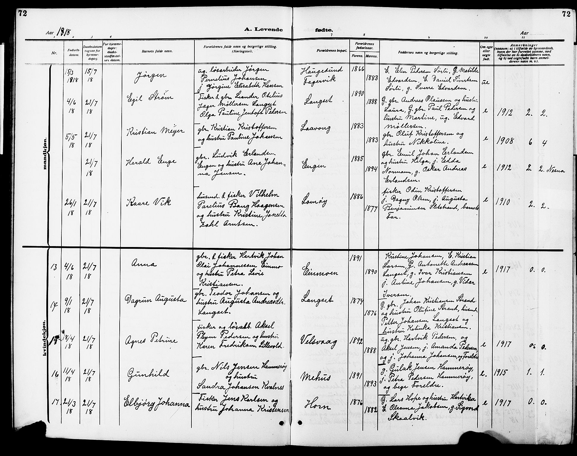 Ministerialprotokoller, klokkerbøker og fødselsregistre - Nordland, SAT/A-1459/838/L0560: Klokkerbok nr. 838C07, 1910-1928, s. 72