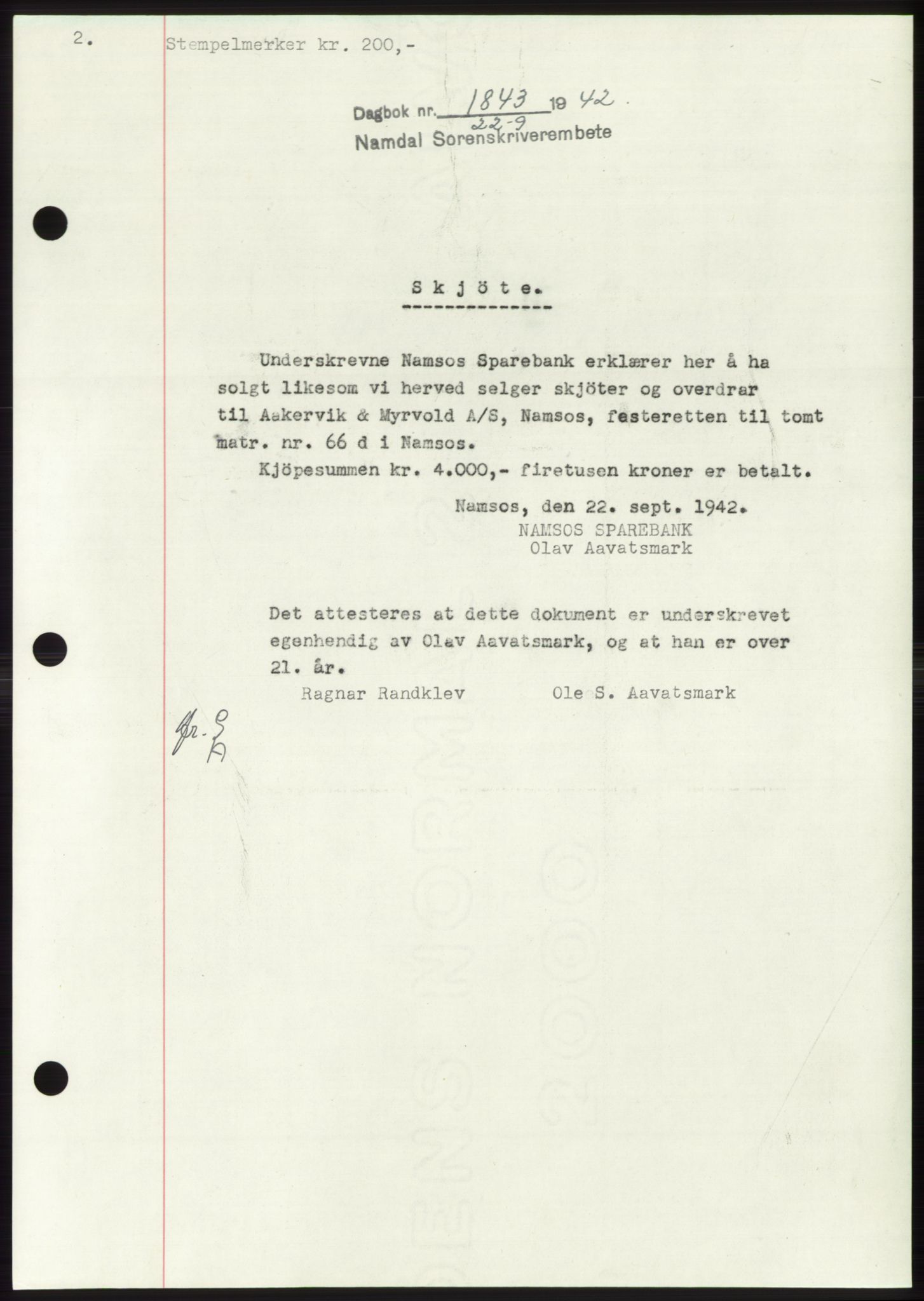 Namdal sorenskriveri, SAT/A-4133/1/2/2C: Pantebok nr. -, 1942-1943, Dagboknr: 1843/1942