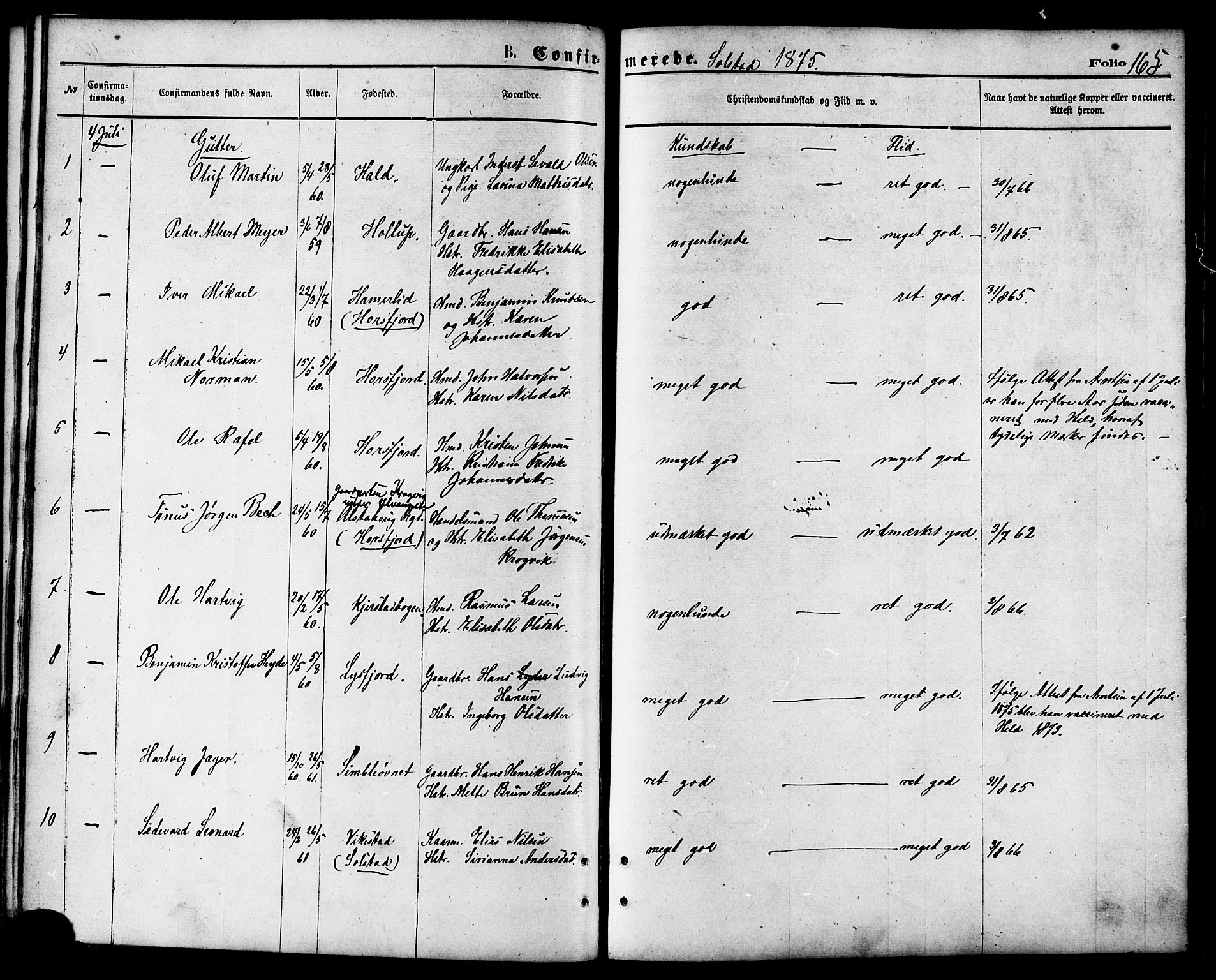Ministerialprotokoller, klokkerbøker og fødselsregistre - Nordland, AV/SAT-A-1459/810/L0149: Ministerialbok nr. 810A09 /2, 1874-1884, s. 165