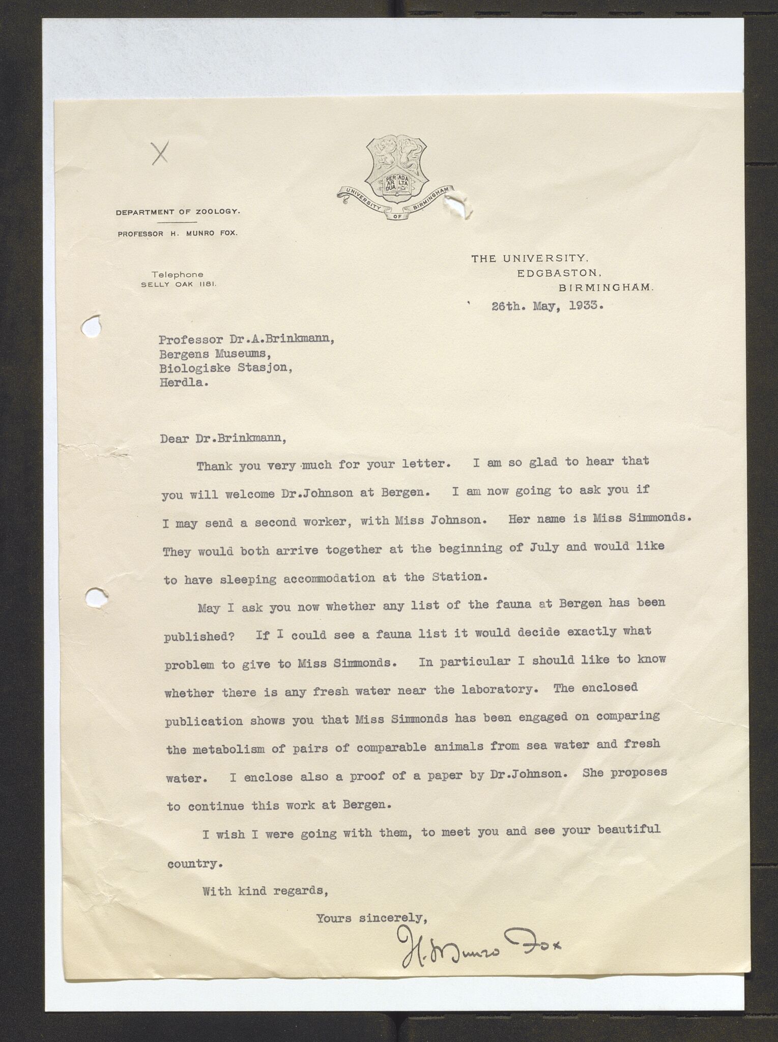 Bergens Museum, AV/SAB-A-17301/13/D/L0002: Korrespondanse , 1928-1940, s. 448