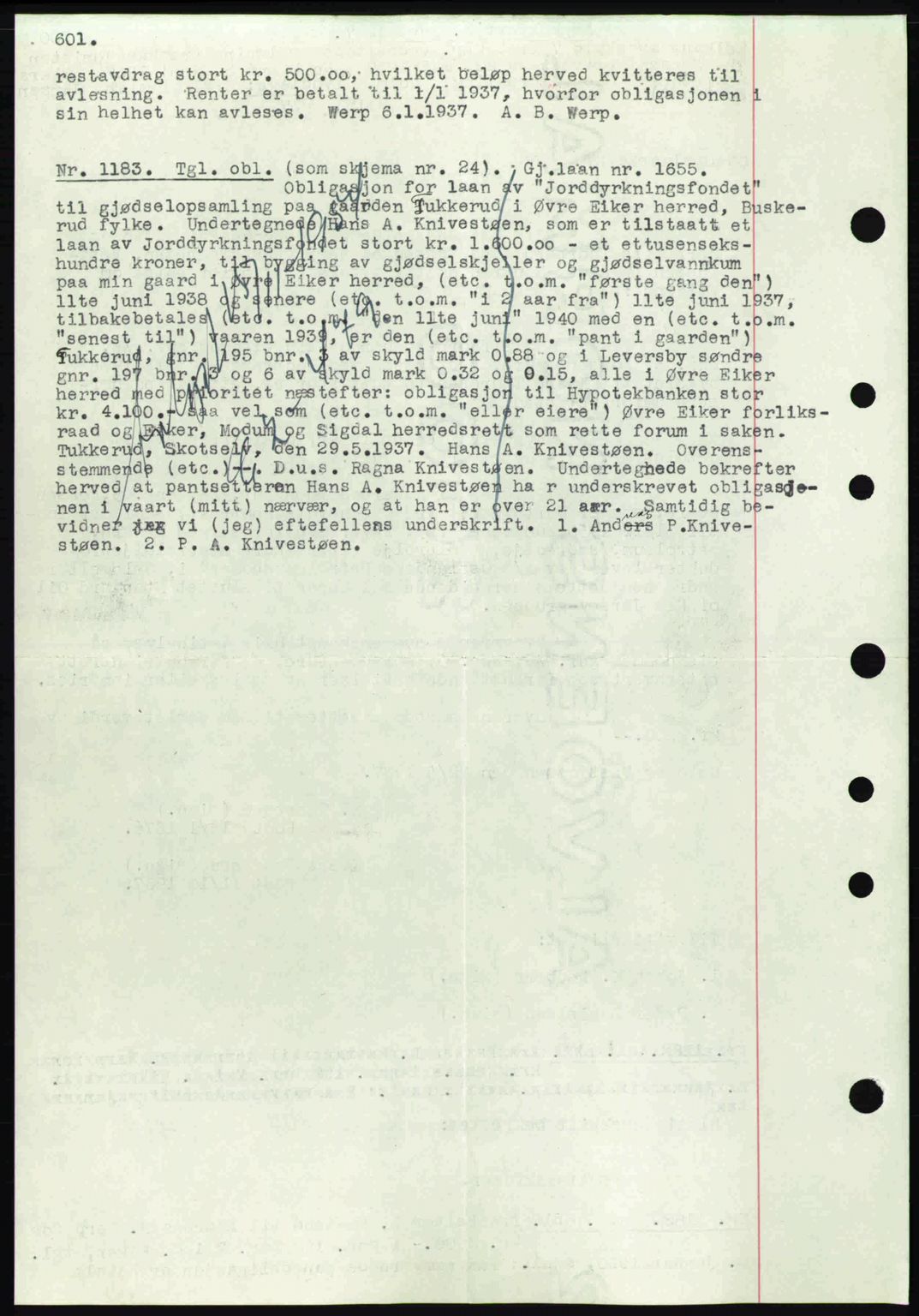 Eiker, Modum og Sigdal sorenskriveri, SAKO/A-123/G/Ga/Gab/L0035: Pantebok nr. A5, 1937-1937, Dagboknr: 1183/1937