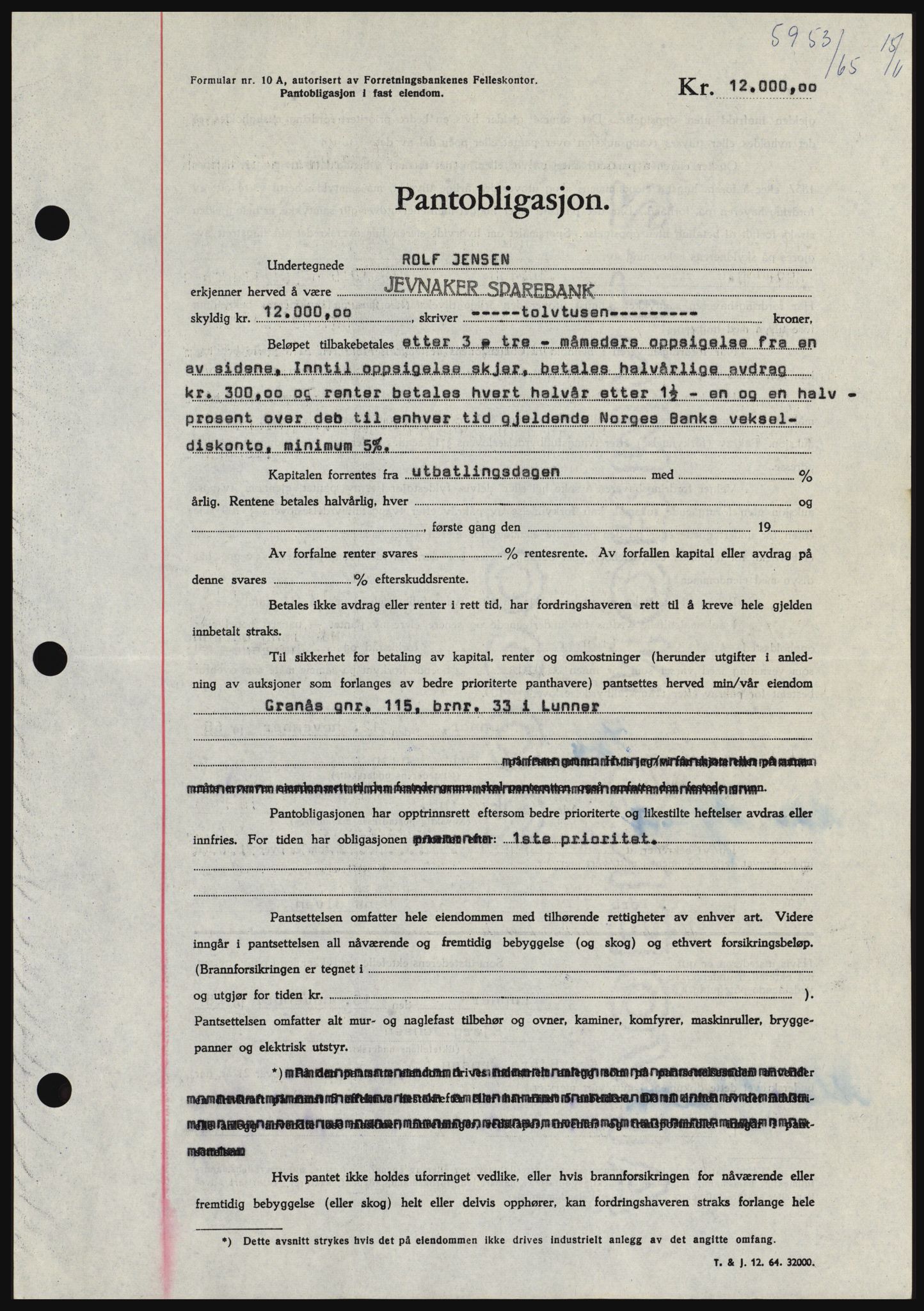 Hadeland og Land tingrett, SAH/TING-010/H/Hb/Hbc/L0060: Pantebok nr. B60, 1965-1965, Dagboknr: 5953/1965