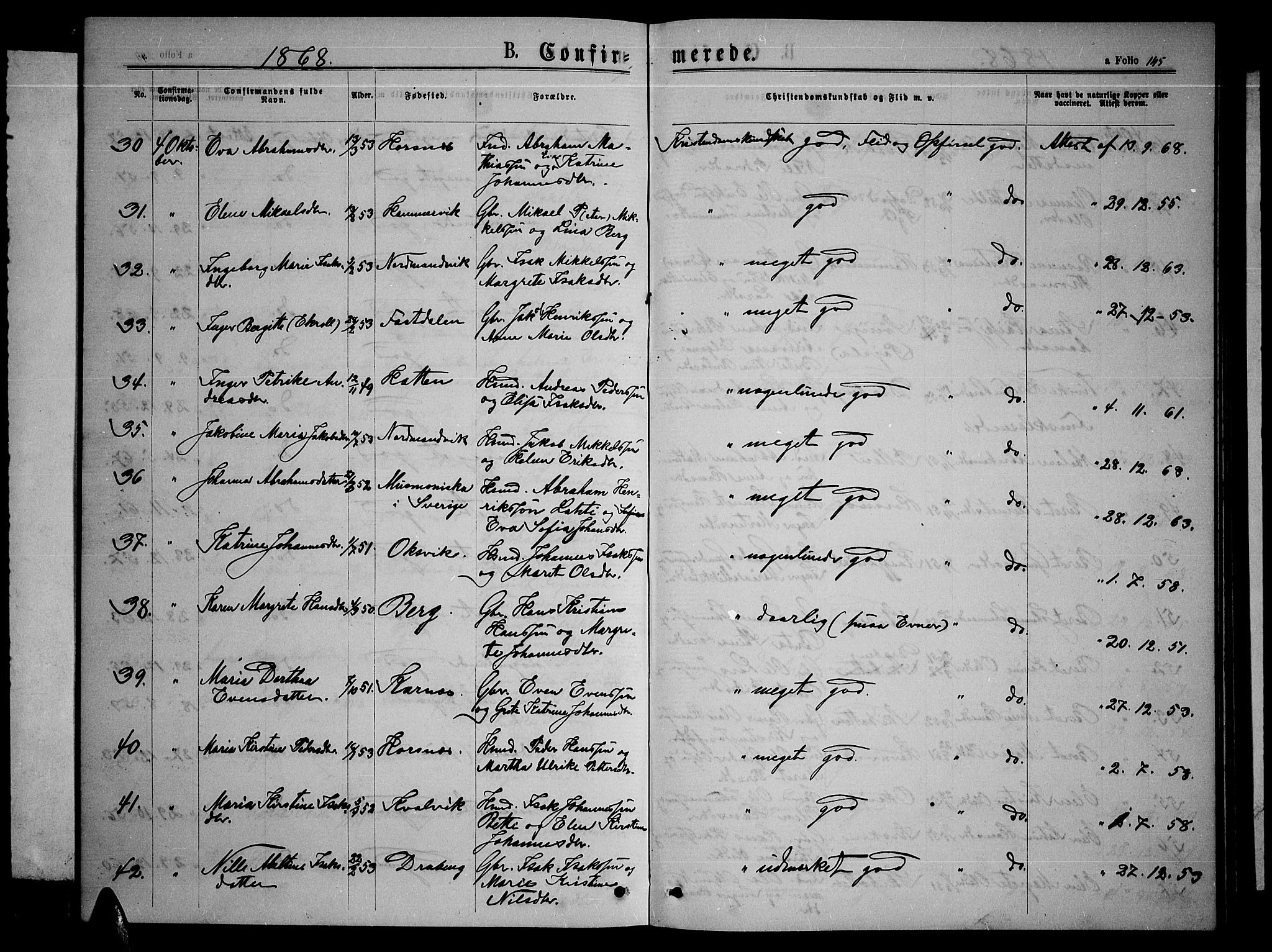 Lyngen sokneprestembete, AV/SATØ-S-1289/H/He/Heb/L0004klokker: Klokkerbok nr. 4, 1868-1878, s. 145