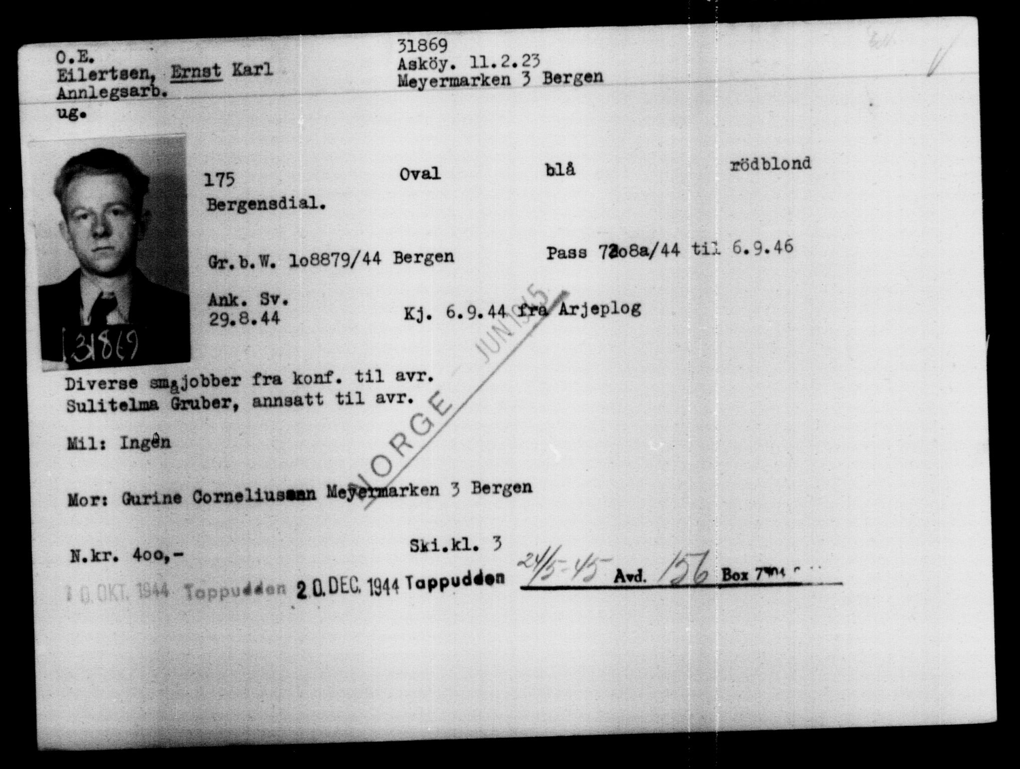Den Kgl. Norske Legasjons Flyktningskontor, AV/RA-S-6753/V/Va/L0013: Kjesäterkartoteket.  Flyktningenr. 31500-34731, 1940-1945, s. 410