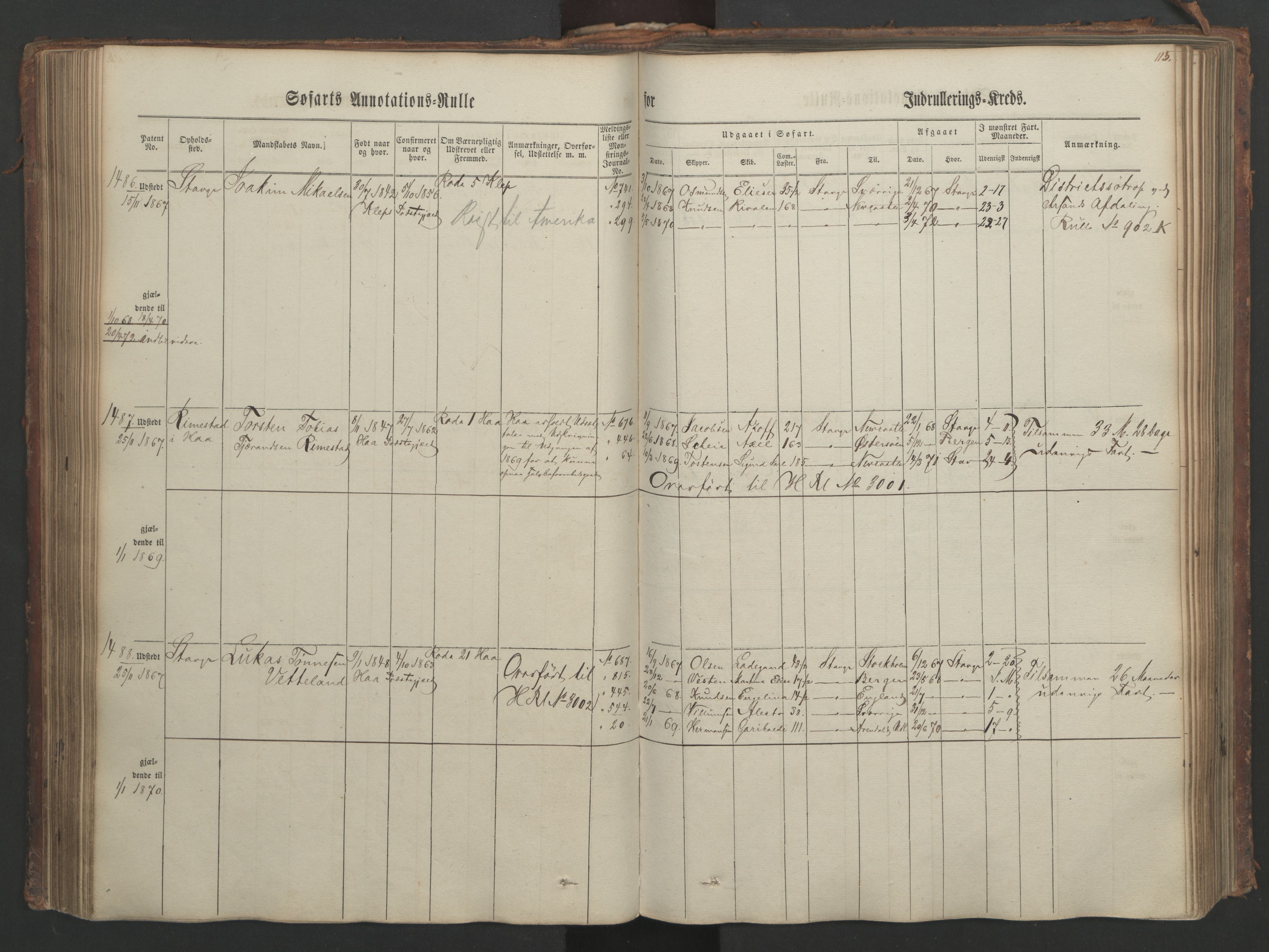 Stavanger sjømannskontor, AV/SAST-A-102006/F/Ff/L0003: Annotasjonsrulle, patentnr. 1144-1761, 1866, s. 133