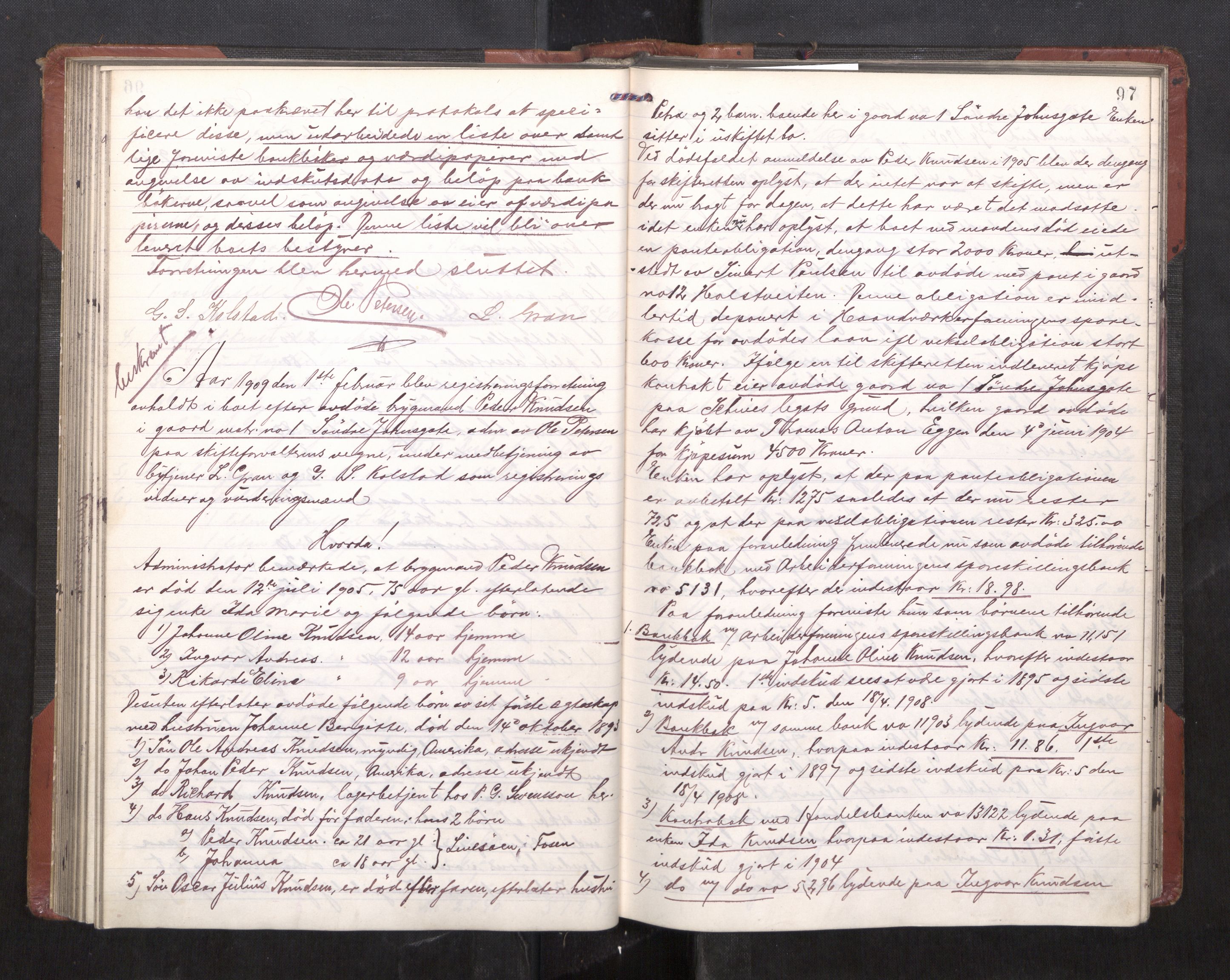 Trondheim byfogd, AV/SAT-A-0003/1/3/3C/L0027: Skifteregistreringsprotokoll - 10/12-30/6. (u/ register), 1907-1911, s. 97