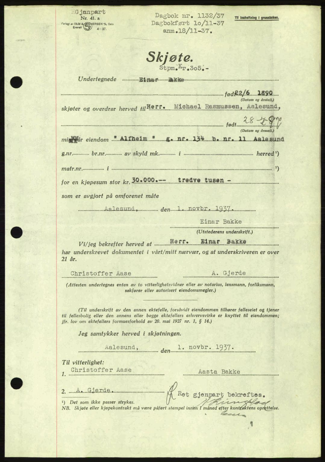 Ålesund byfogd, AV/SAT-A-4384: Pantebok nr. 34 I, 1936-1938, Dagboknr: 1132/1937