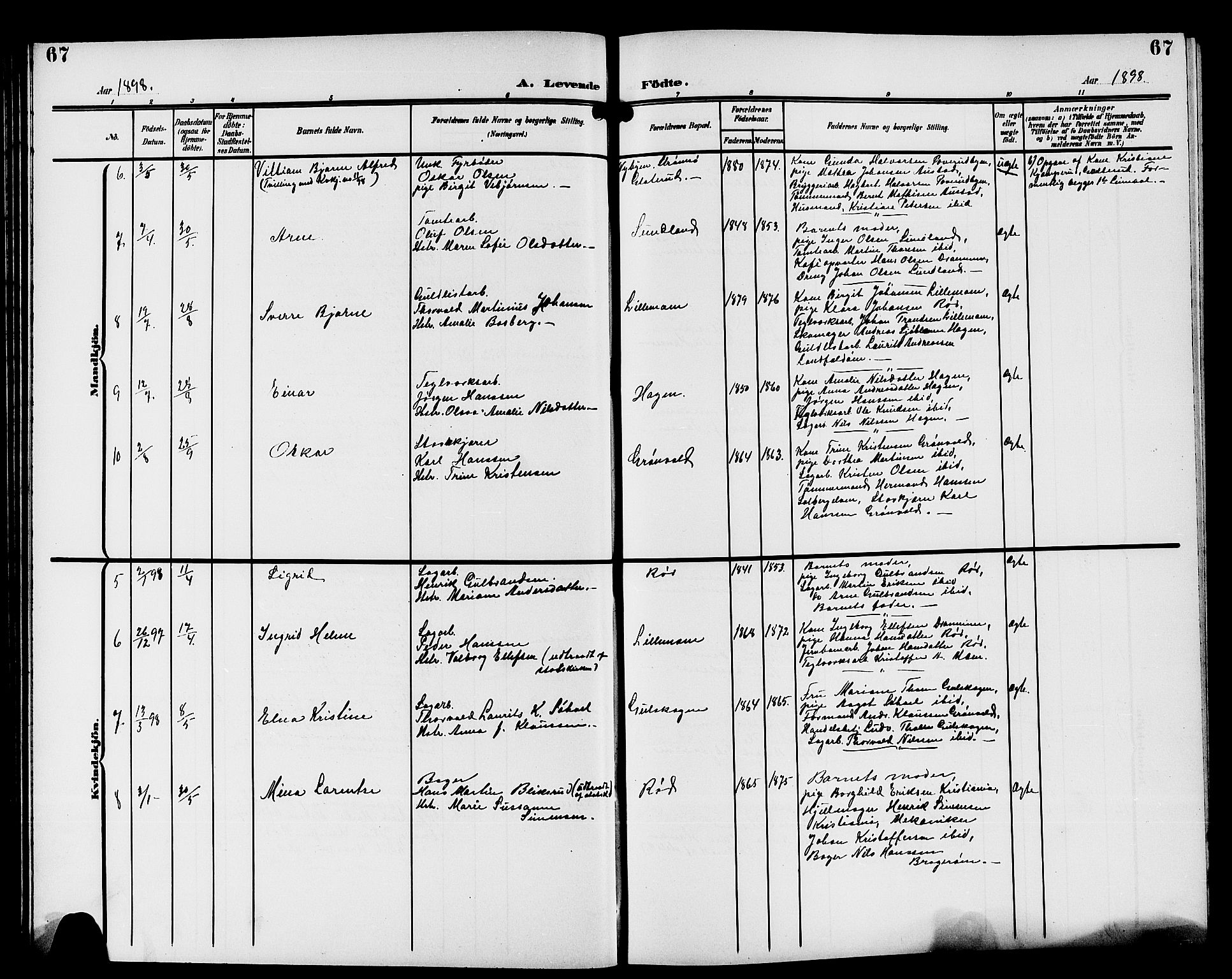 Strømsgodset kirkebøker, AV/SAKO-A-324/G/Ga/L0002: Klokkerbok nr. 2, 1885-1910, s. 67