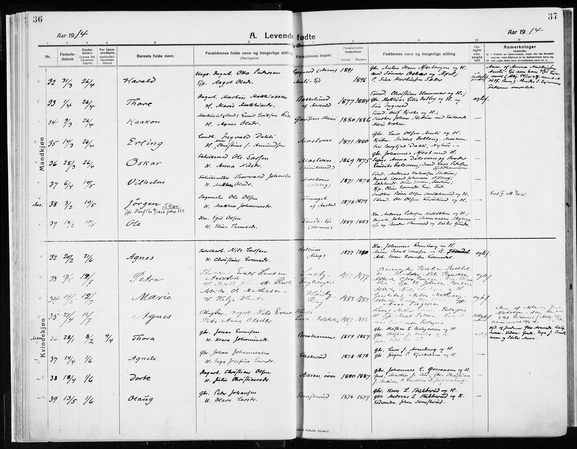 Ringsaker prestekontor, AV/SAH-PREST-014/K/Ka/L0020: Ministerialbok nr. 20, 1913-1922, s. 36-37
