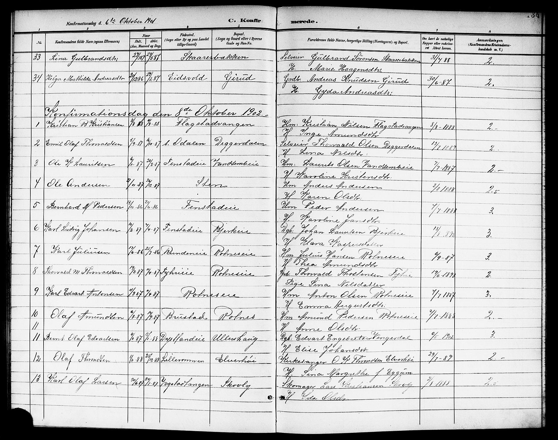 Nes prestekontor Kirkebøker, AV/SAO-A-10410/G/Ga/L0002: Klokkerbok nr. I 2, 1901-1912, s. 134