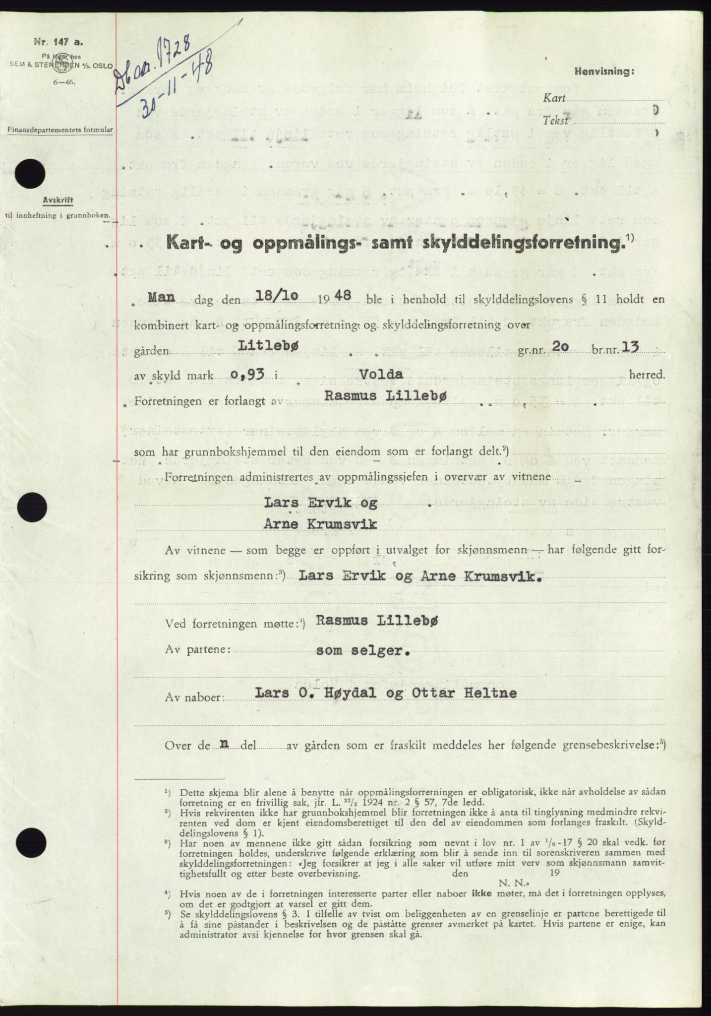 Søre Sunnmøre sorenskriveri, AV/SAT-A-4122/1/2/2C/L0083: Pantebok nr. 9A, 1948-1949, Dagboknr: 1728/1948