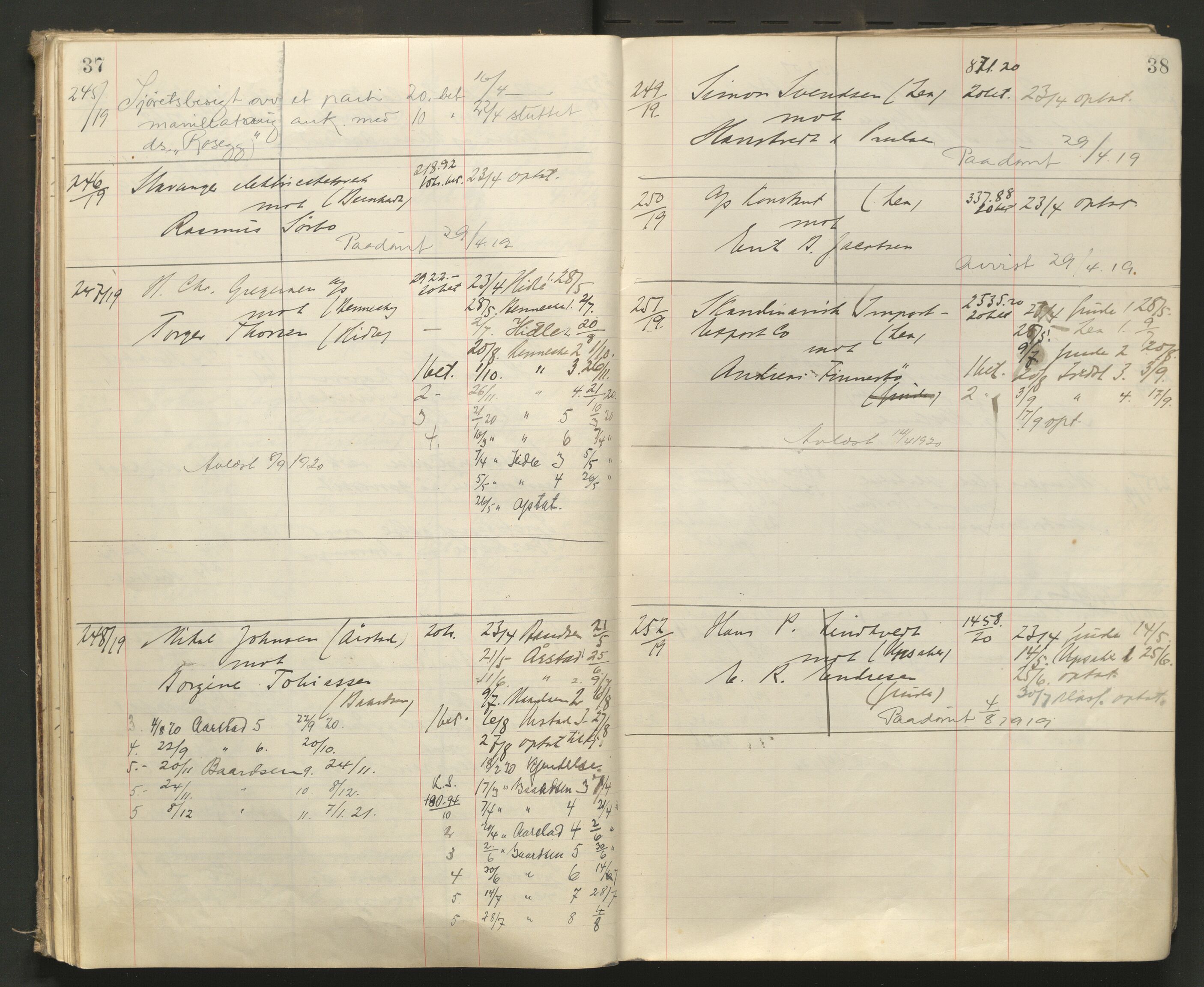 Stavanger byfogd, AV/SAST-A-101408/001/3/32/32A/L0008: Saksliste for Stavanger byting, 1919-1920, s. 37-38