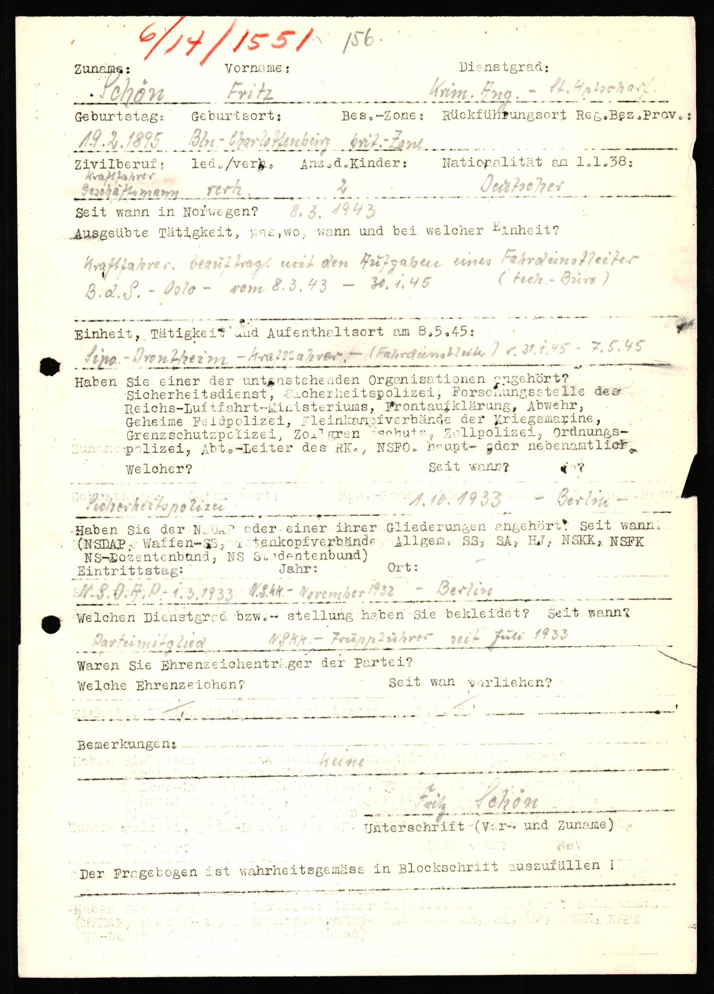 Forsvaret, Forsvarets overkommando II, RA/RAFA-3915/D/Db/L0031: CI Questionaires. Tyske okkupasjonsstyrker i Norge. Tyskere., 1945-1946, s. 364