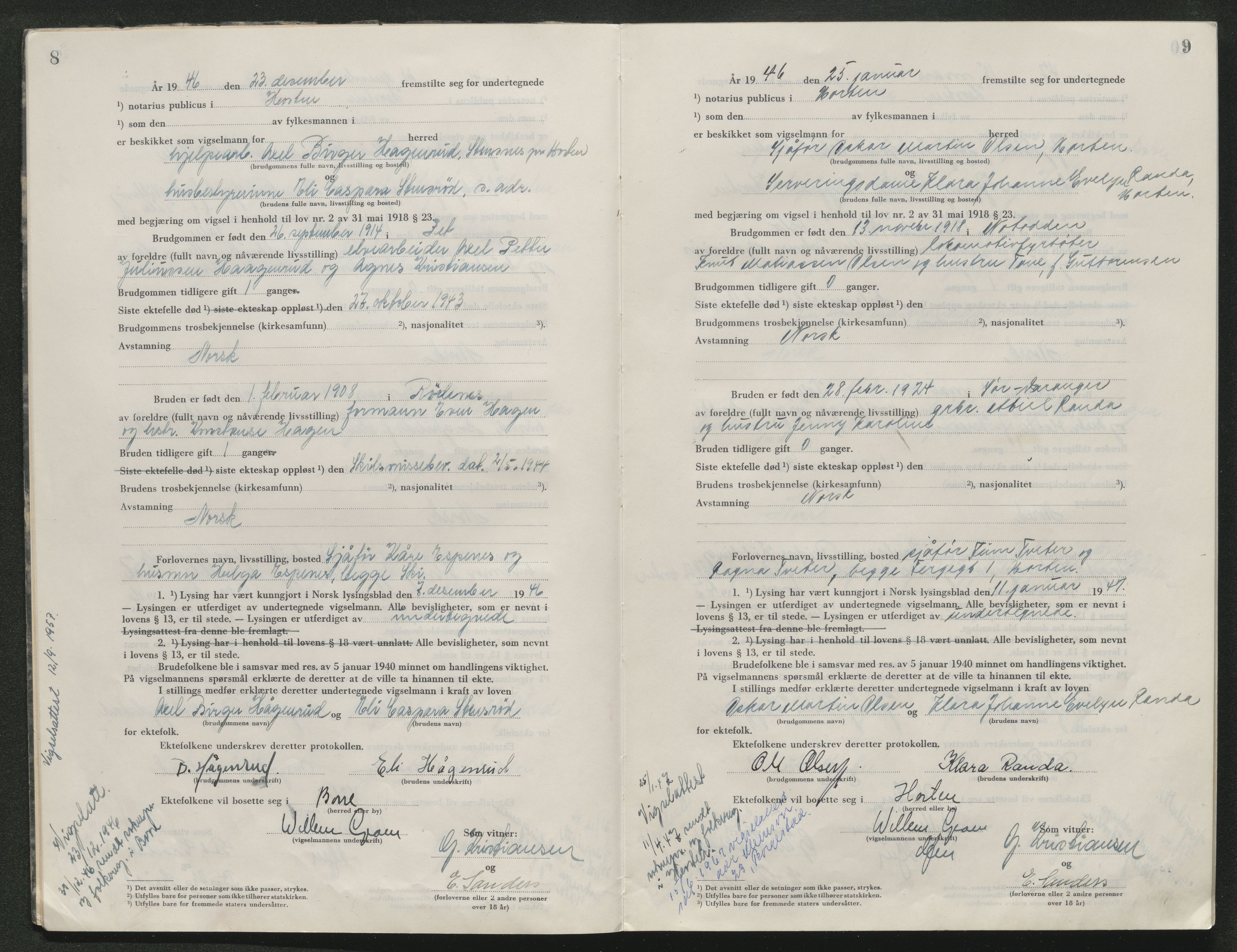 Horten sorenskriveri, AV/SAKO-A-133/L/Lc/L0004: Vigselsbok, 1946-1953, s. 8-9