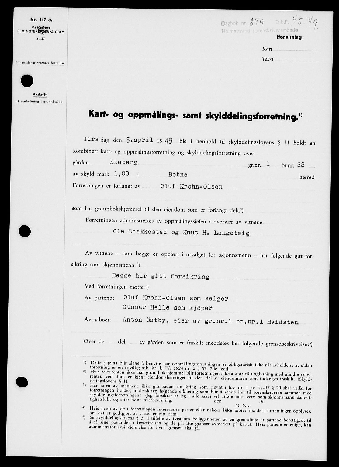 Holmestrand sorenskriveri, SAKO/A-67/G/Ga/Gaa/L0066: Pantebok nr. A-66, 1949-1949, Dagboknr: 899/1949