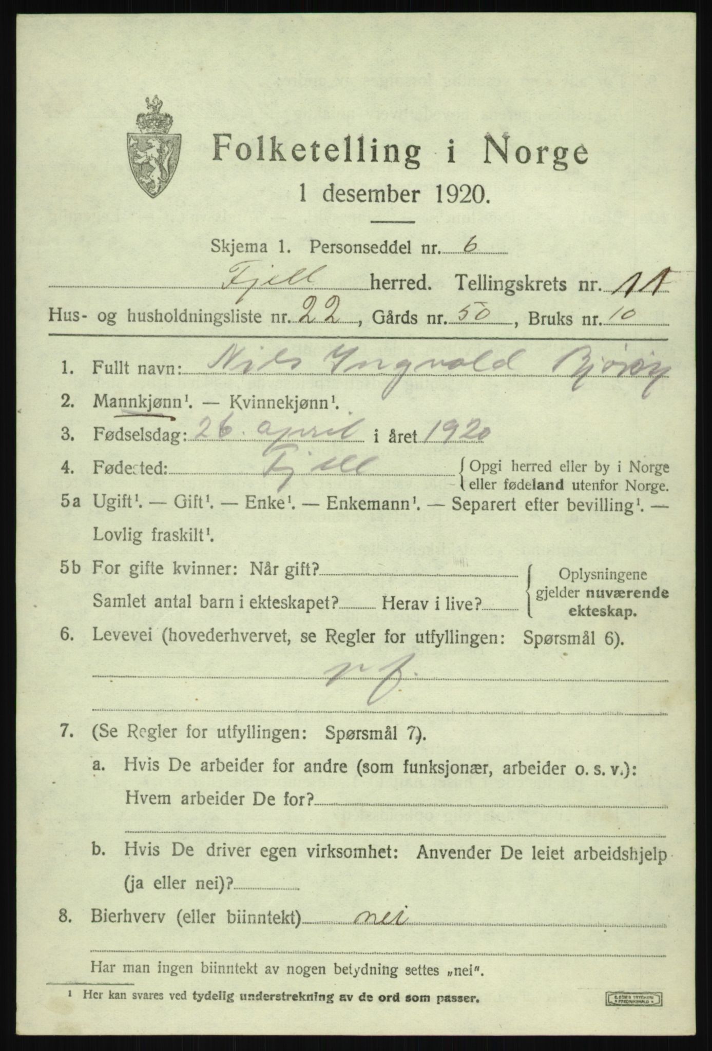 SAB, Folketelling 1920 for 1246 Fjell herred, 1920, s. 10144