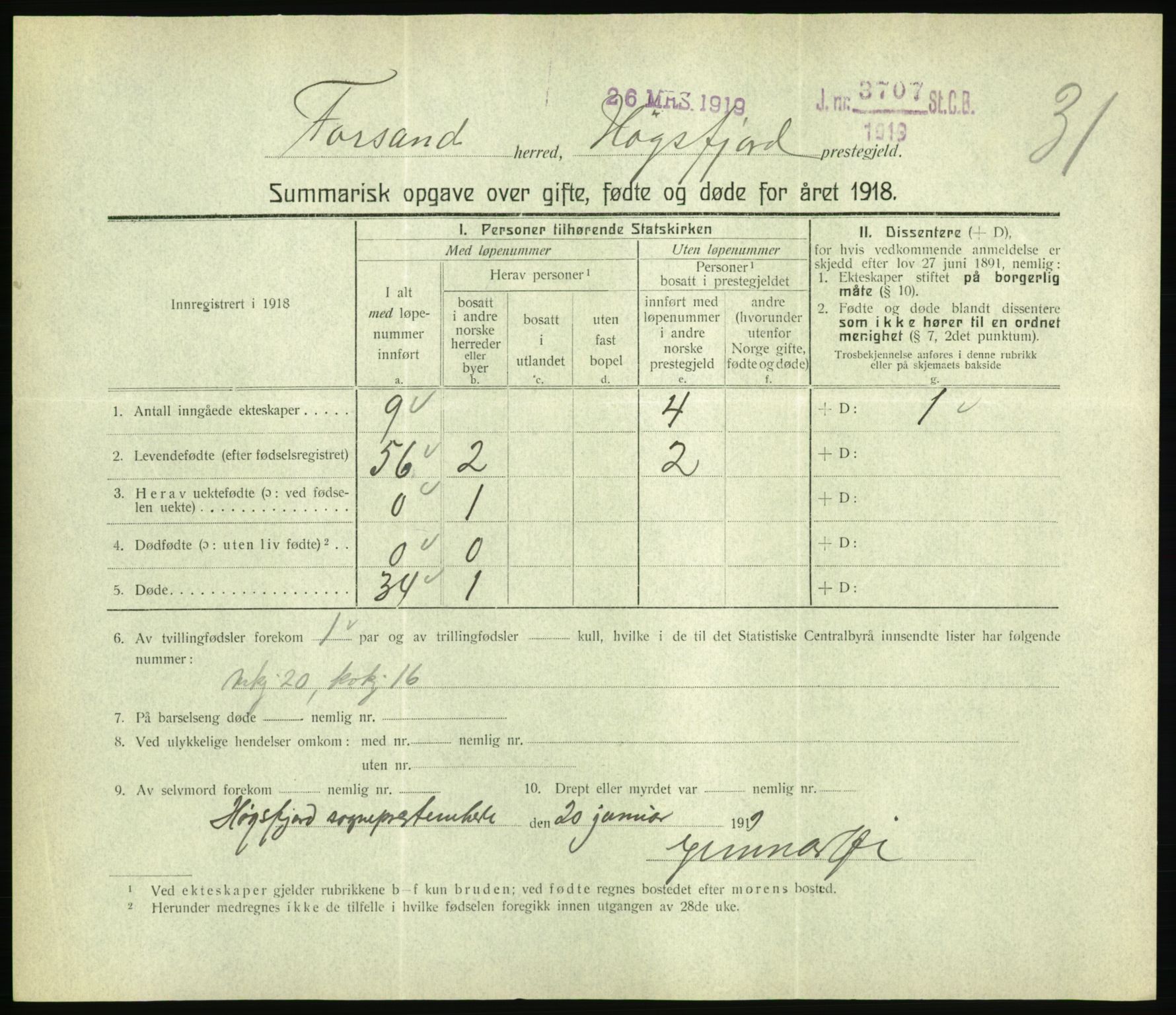 Statistisk sentralbyrå, Sosiodemografiske emner, Befolkning, RA/S-2228/D/Df/Dfb/Dfbh/L0059: Summariske oppgaver over gifte, fødte og døde for hele landet., 1918, s. 825