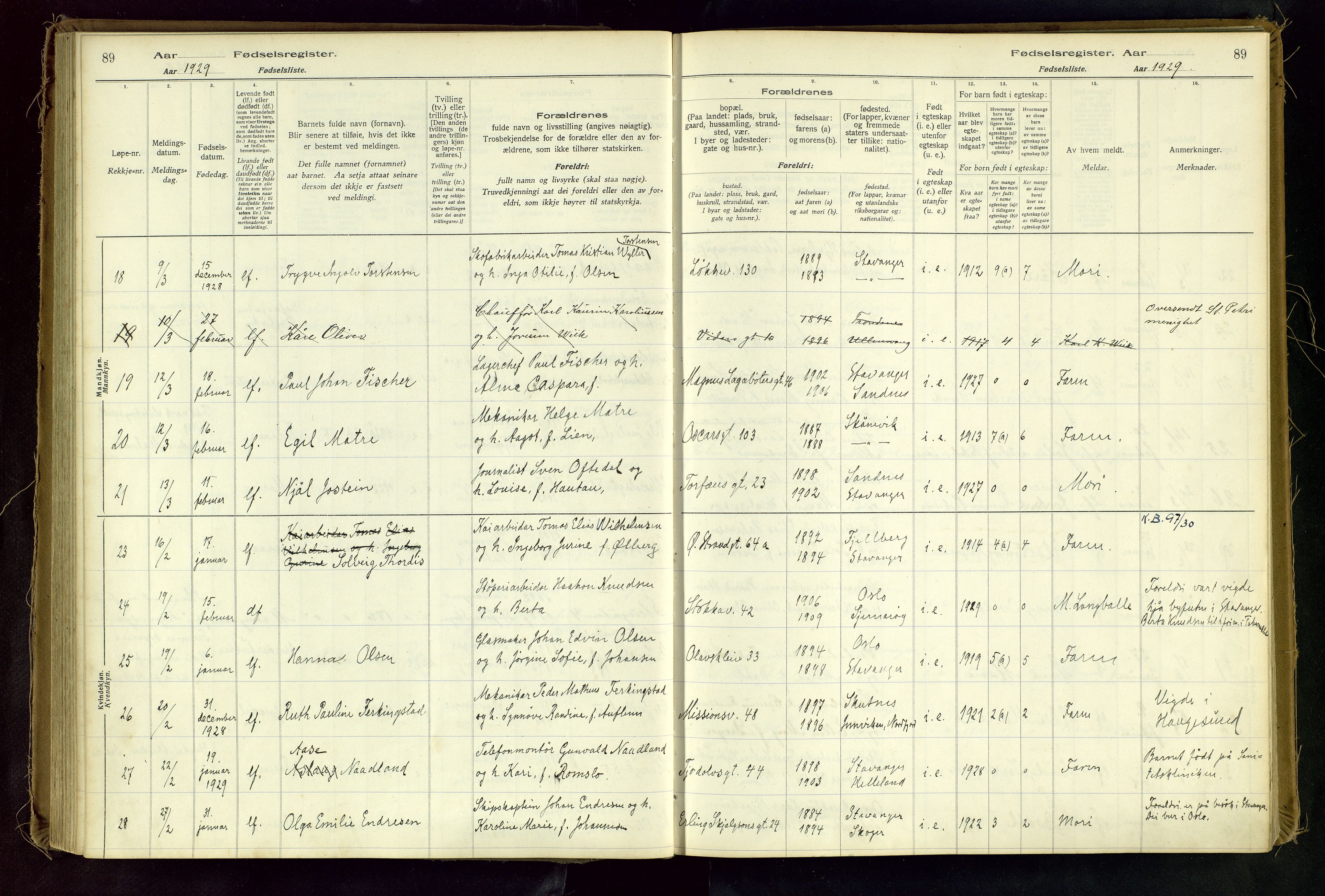 Domkirken sokneprestkontor, AV/SAST-A-101812/002/A/L0001: Fødselsregister nr. 1, 1925-1932, s. 89