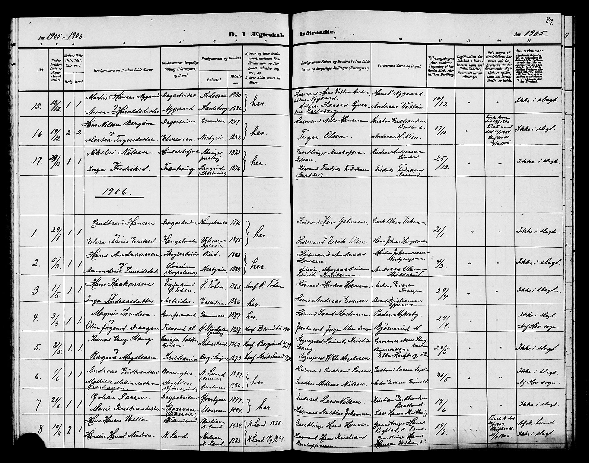 Søndre Land prestekontor, AV/SAH-PREST-122/L/L0005: Klokkerbok nr. 5, 1902-1911, s. 89