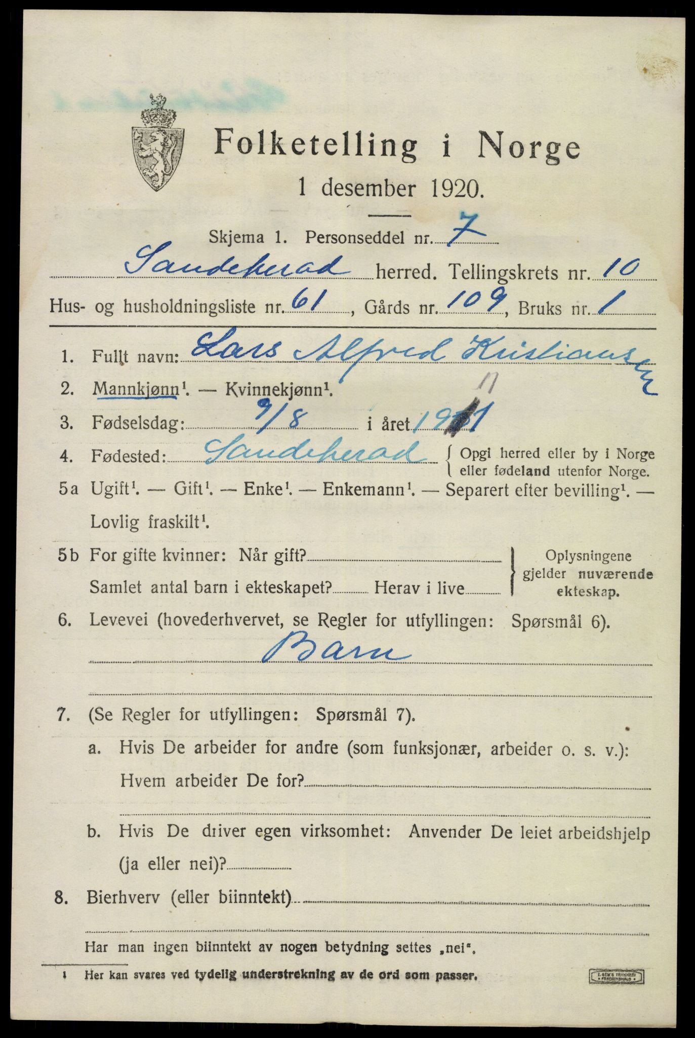 SAKO, Folketelling 1920 for 0724 Sandeherred herred, 1920, s. 15294