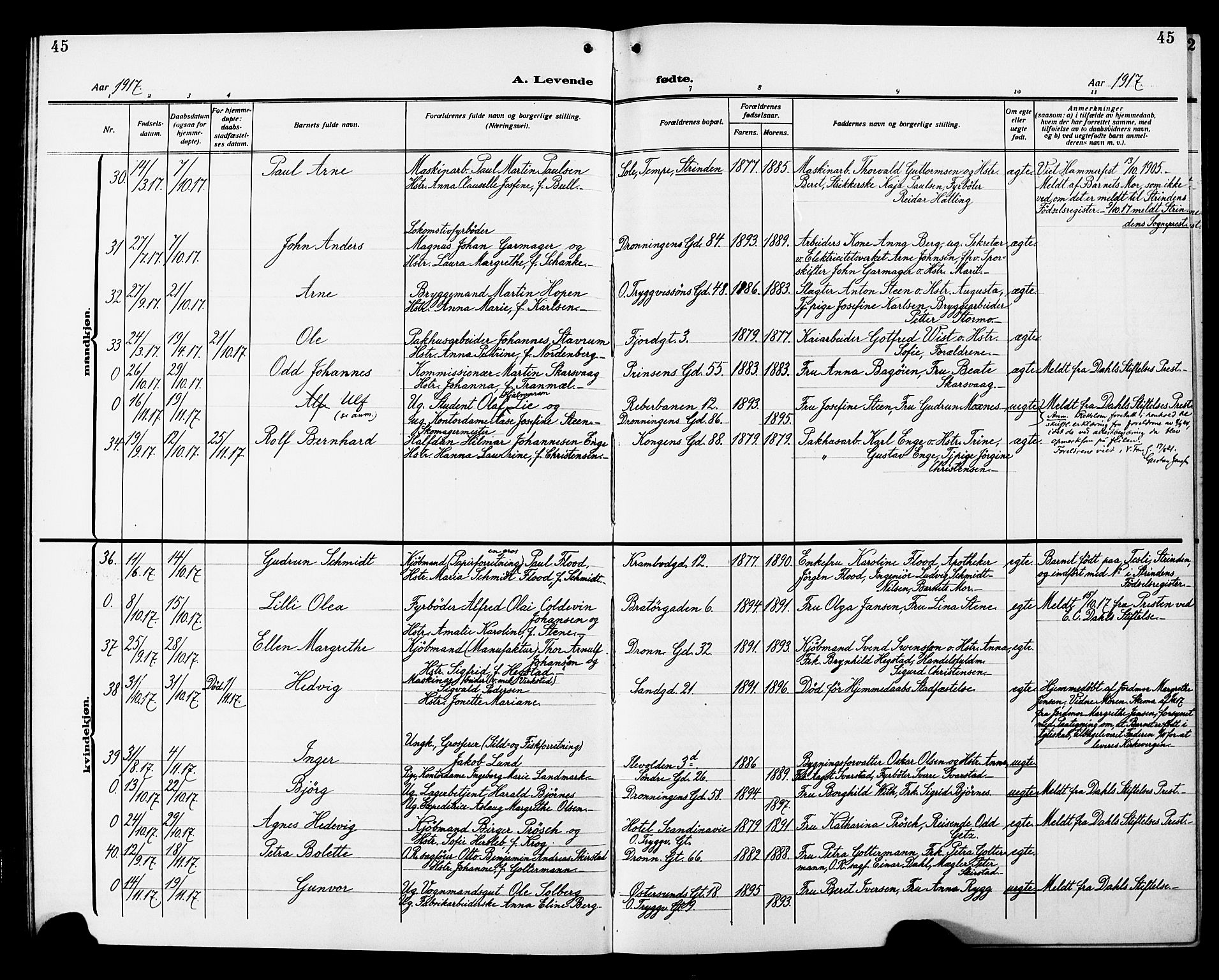 Ministerialprotokoller, klokkerbøker og fødselsregistre - Sør-Trøndelag, SAT/A-1456/602/L0147: Klokkerbok nr. 602C15, 1911-1924, s. 45