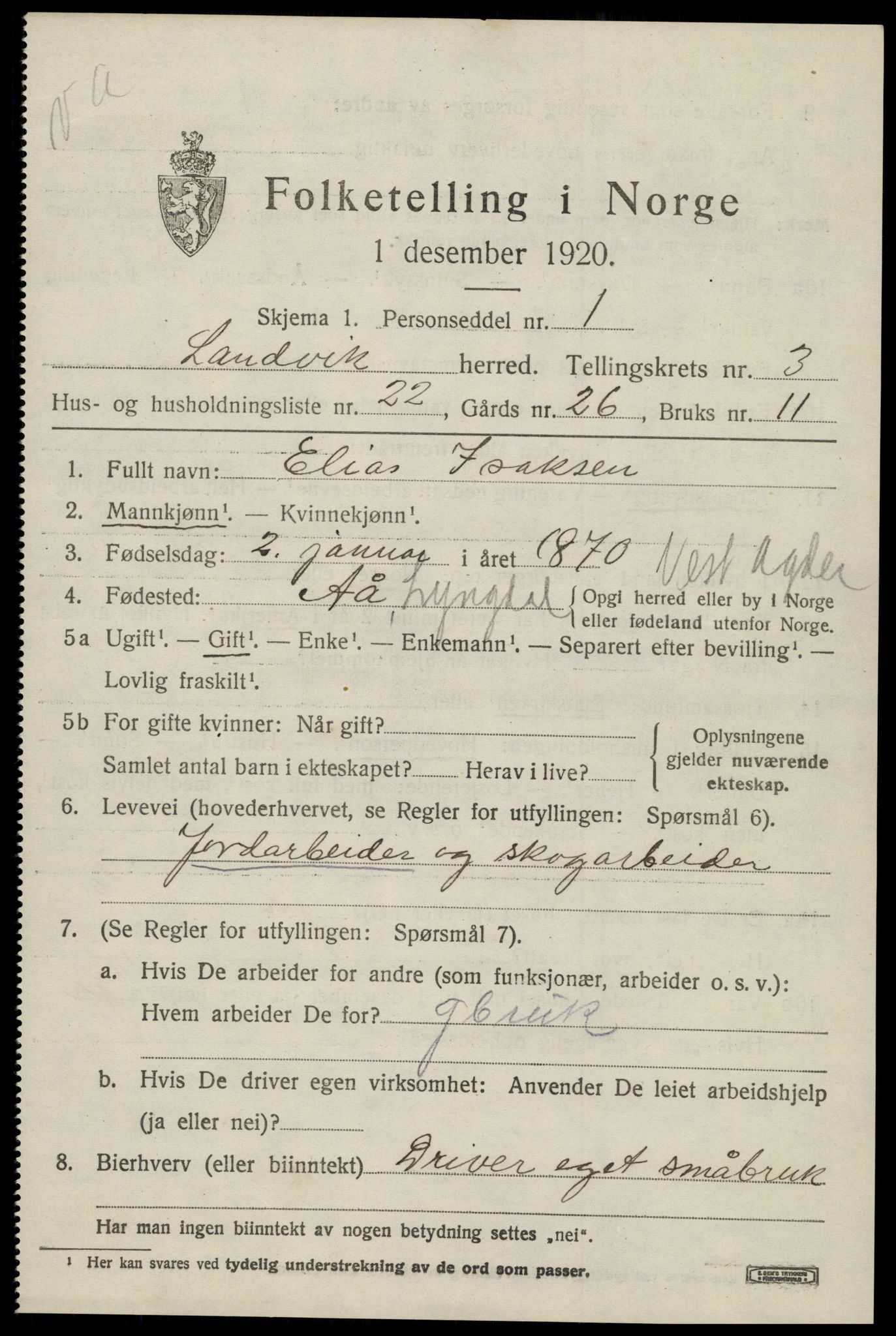 SAK, Folketelling 1920 for 0924 Landvik herred, 1920, s. 3164