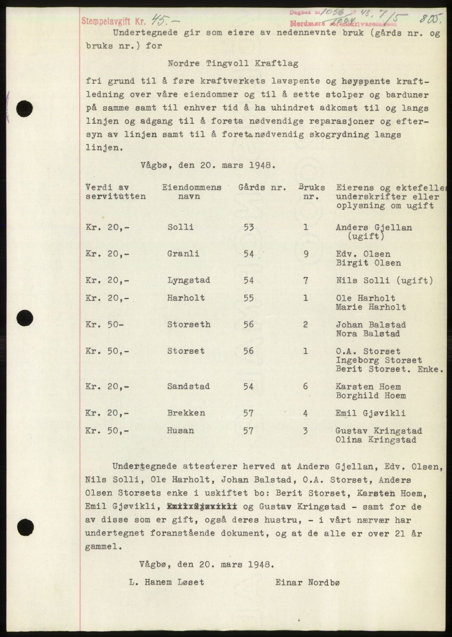 Nordmøre sorenskriveri, SAT/A-4132/1/2/2Ca: Pantebok nr. B98, 1948-1948, Dagboknr: 1056/1948