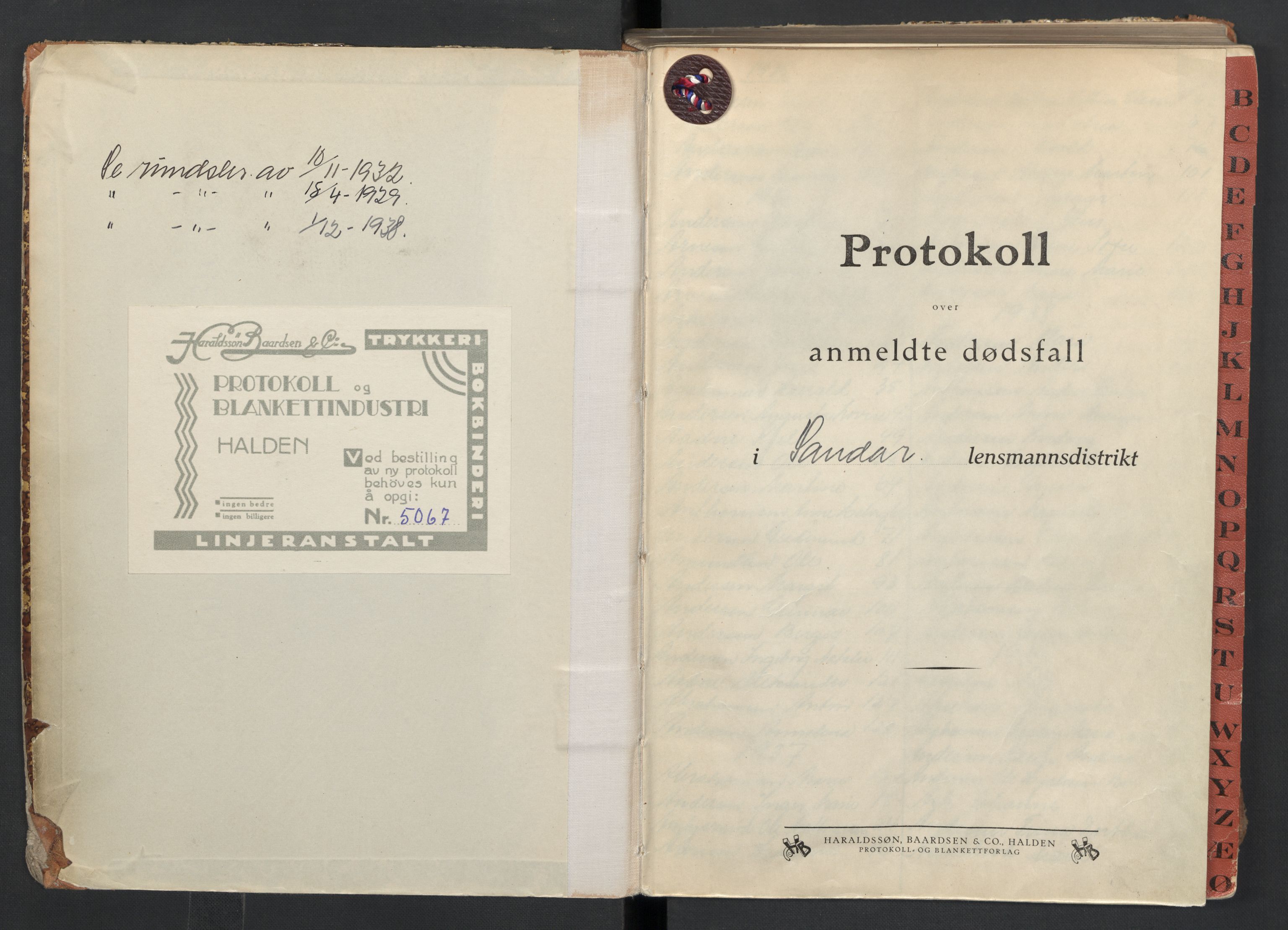 Sandar lensmannskontor, SAKO/A-545/H/Ha/L0008: Dødsanmeldelsesprotokoll, 1935-1940