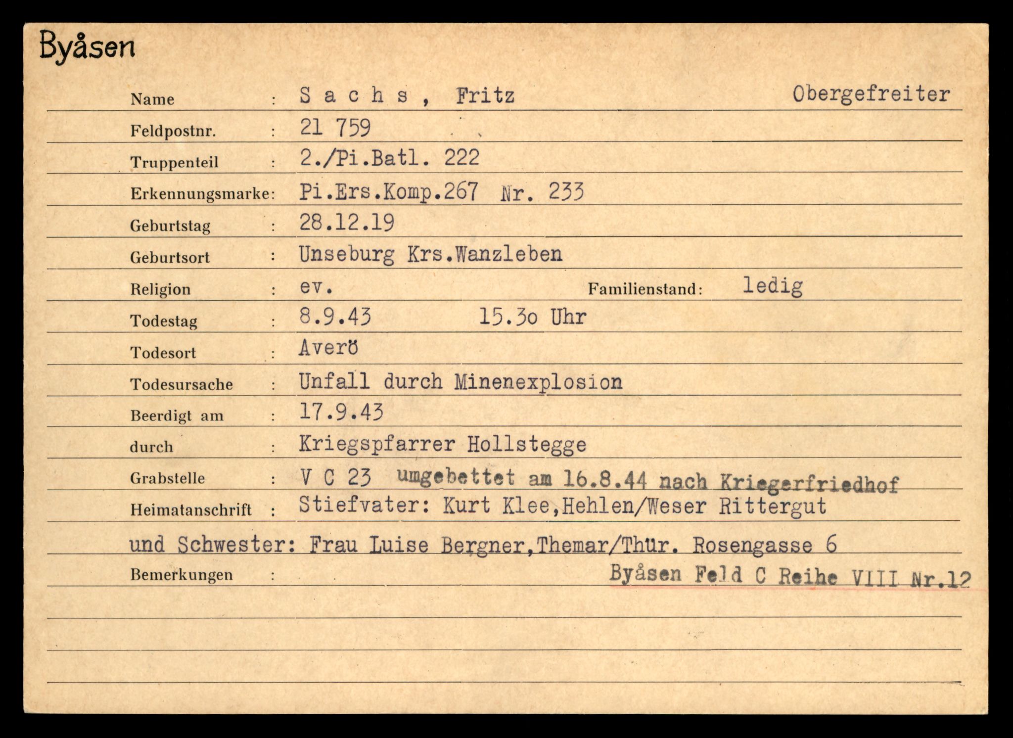 Distriktskontoret for krigsgraver, SAT/A-5030/E/L0004: Kasett/kartotek over tysk Krigskirkegård på Byåsen, 1945, s. 1467