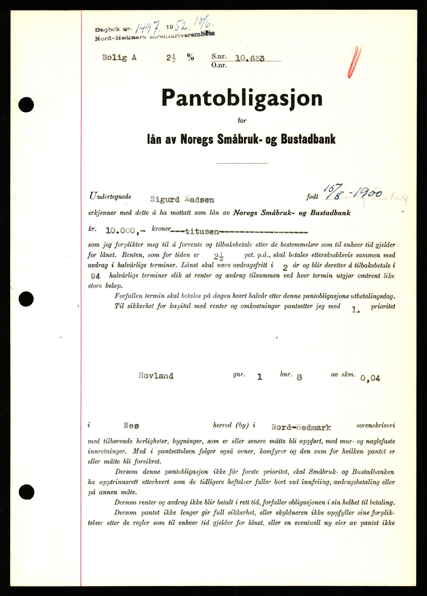 Nord-Hedmark sorenskriveri, SAH/TING-012/H/Hb/Hbf/L0025: Pantebok nr. B25, 1952-1952, Dagboknr: 1497/1952