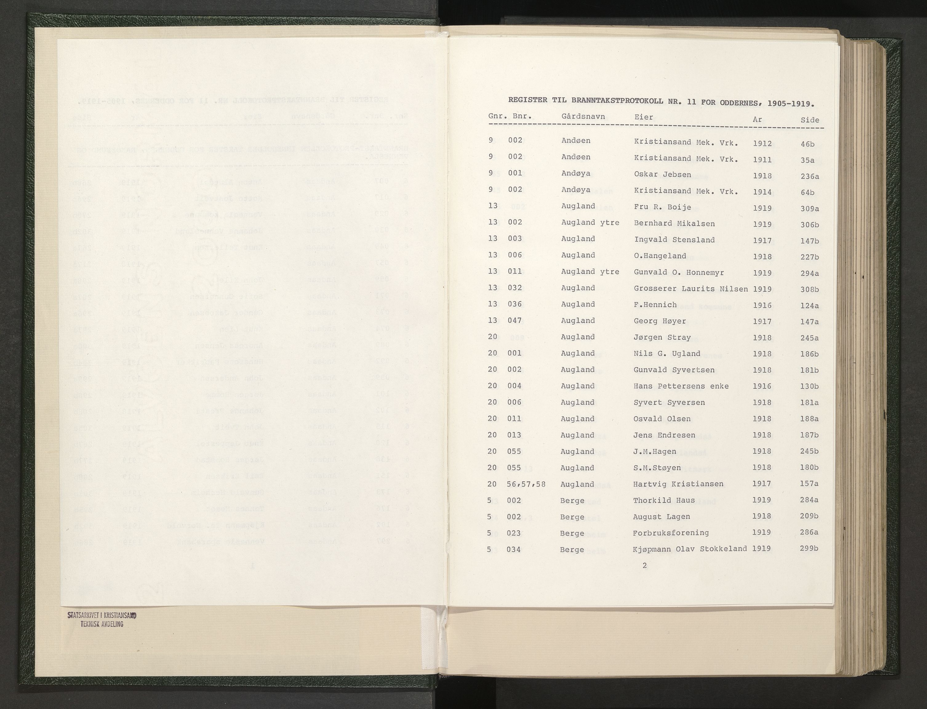 Norges Brannkasse Oddernes, SAK/2241-0042/F/Fa/L0011: Branntakstprotokoll nr. 11 med gårdsnavnregister, 1905-1919