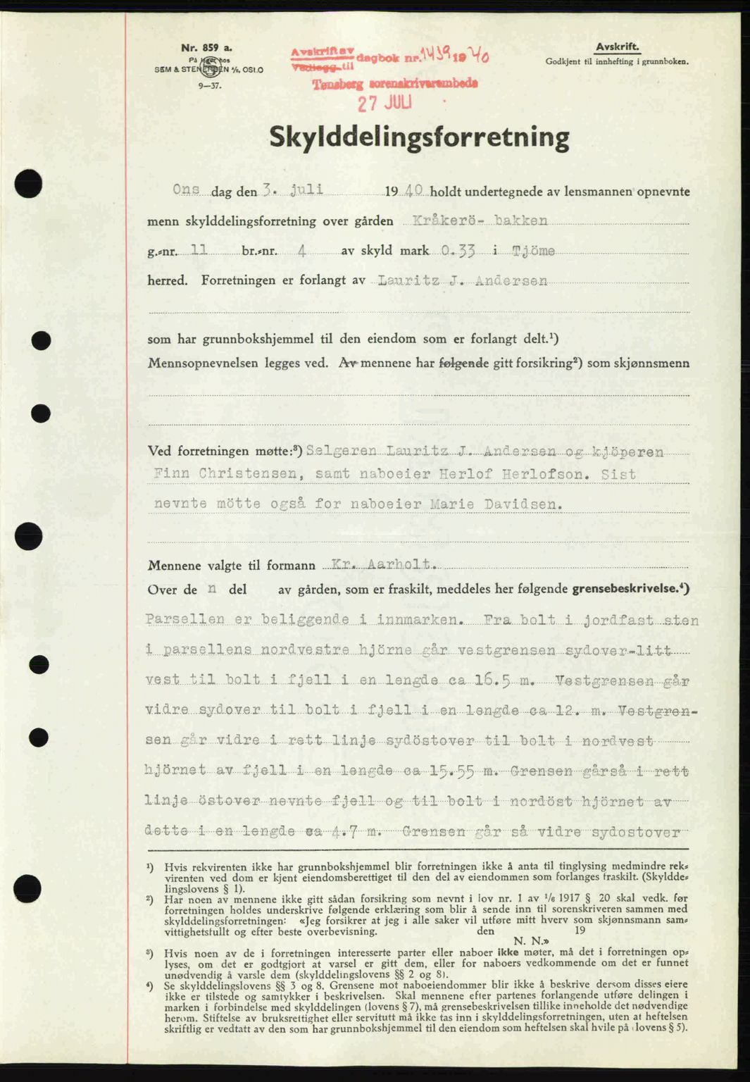 Tønsberg sorenskriveri, AV/SAKO-A-130/G/Ga/Gaa/L0009: Pantebok nr. A9, 1940-1941, Dagboknr: 1439/1940