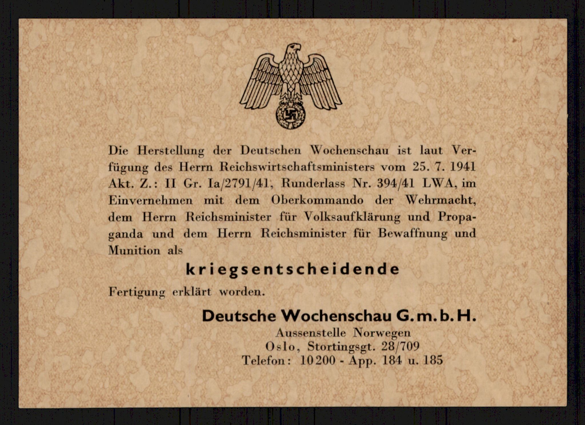 Tyske arkiver, Reichskommissariat, AV/RA-RAFA-2174/E/Ei/L0002/0004: Dokumentsamling / Dokumenter etter Hans Winterfeldt, Deutsche Wochenschau , 1942-1944, s. 728
