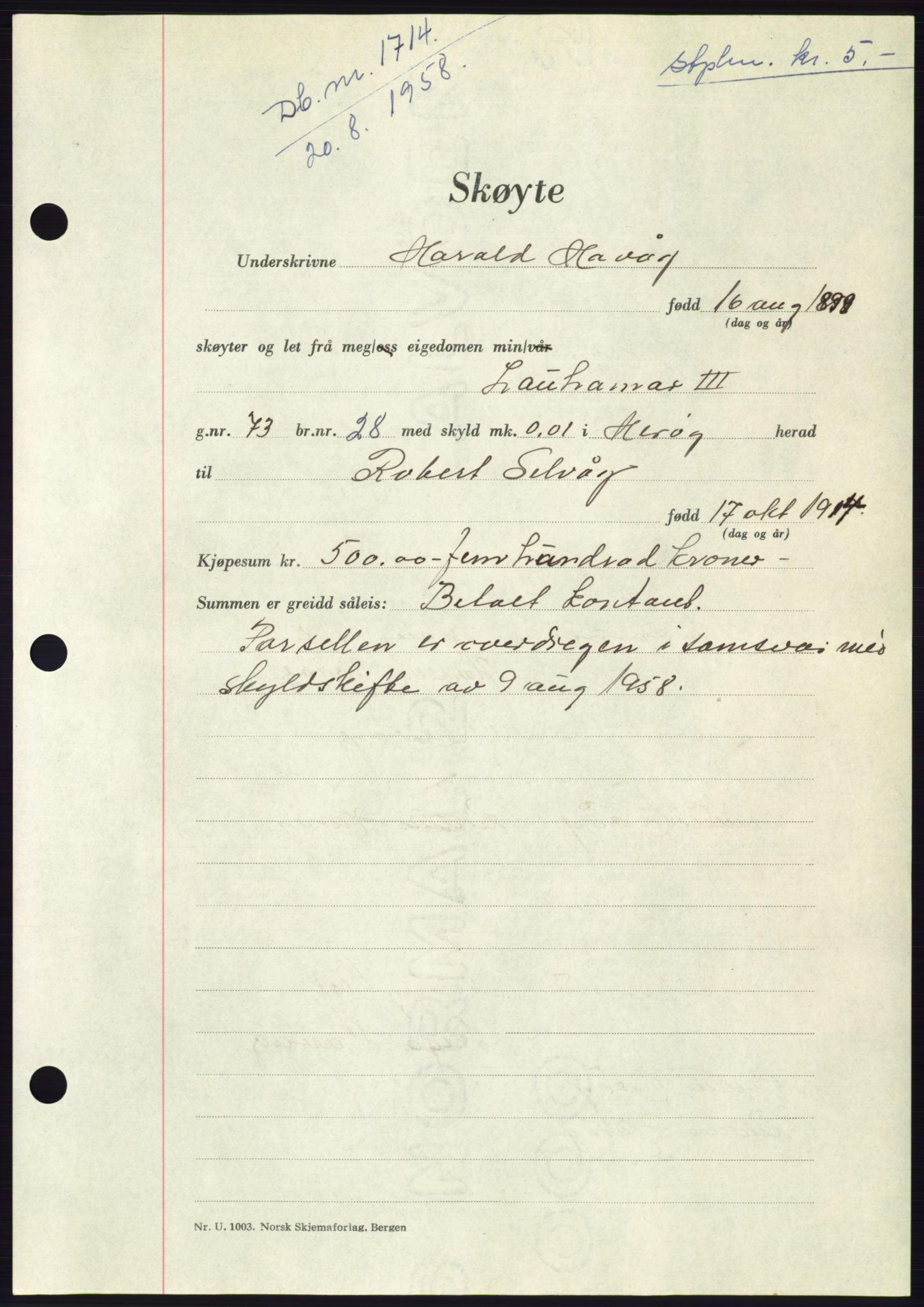 Søre Sunnmøre sorenskriveri, AV/SAT-A-4122/1/2/2C/L0110: Pantebok nr. 36A, 1958-1958, Dagboknr: 1714/1958