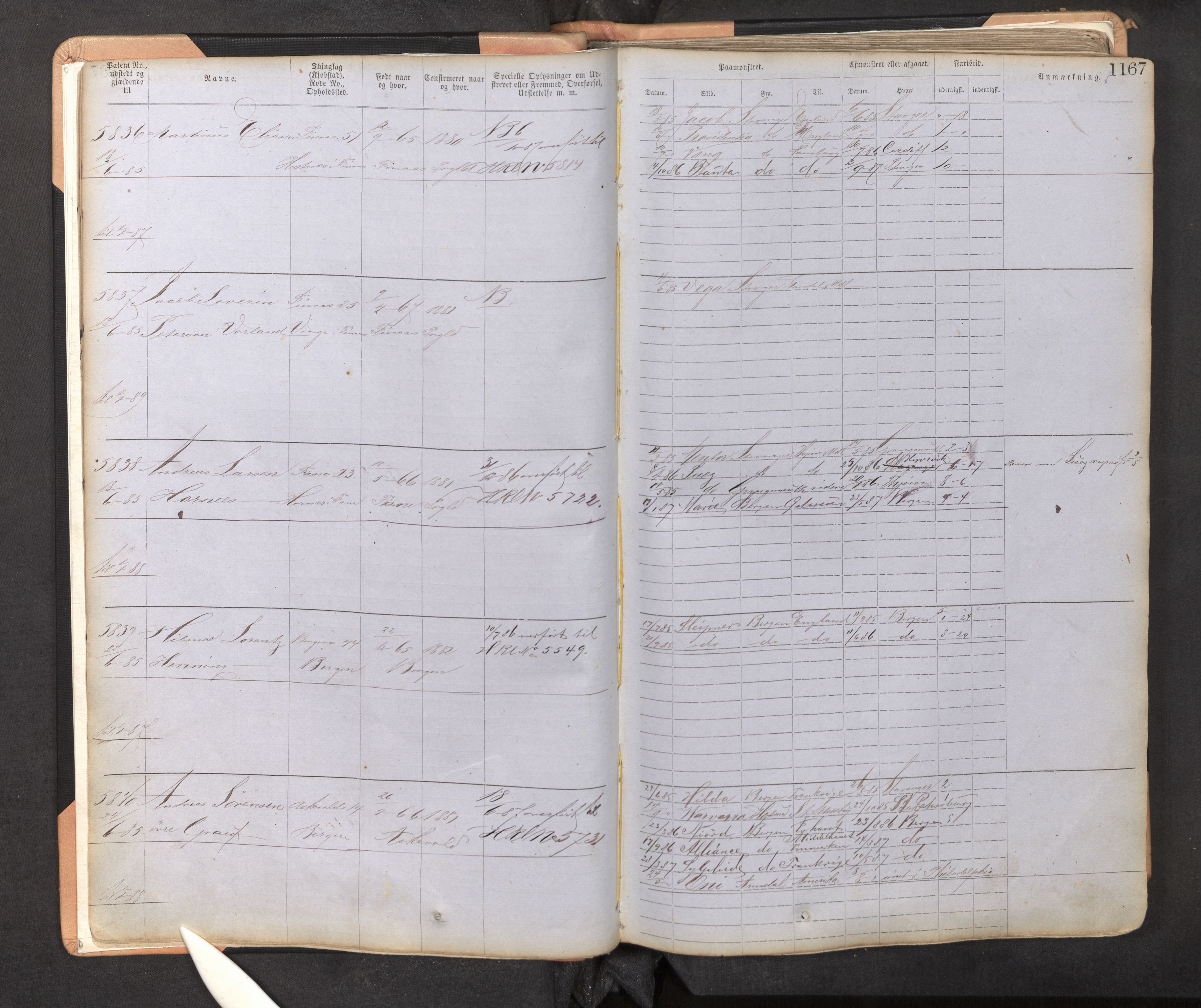 Innrulleringssjefen i Bergen, AV/SAB-A-100050/F/Fb/L0006: Sjøfarts-annotasjonsrulle, nr. 5811 - 6940, 1882-1897