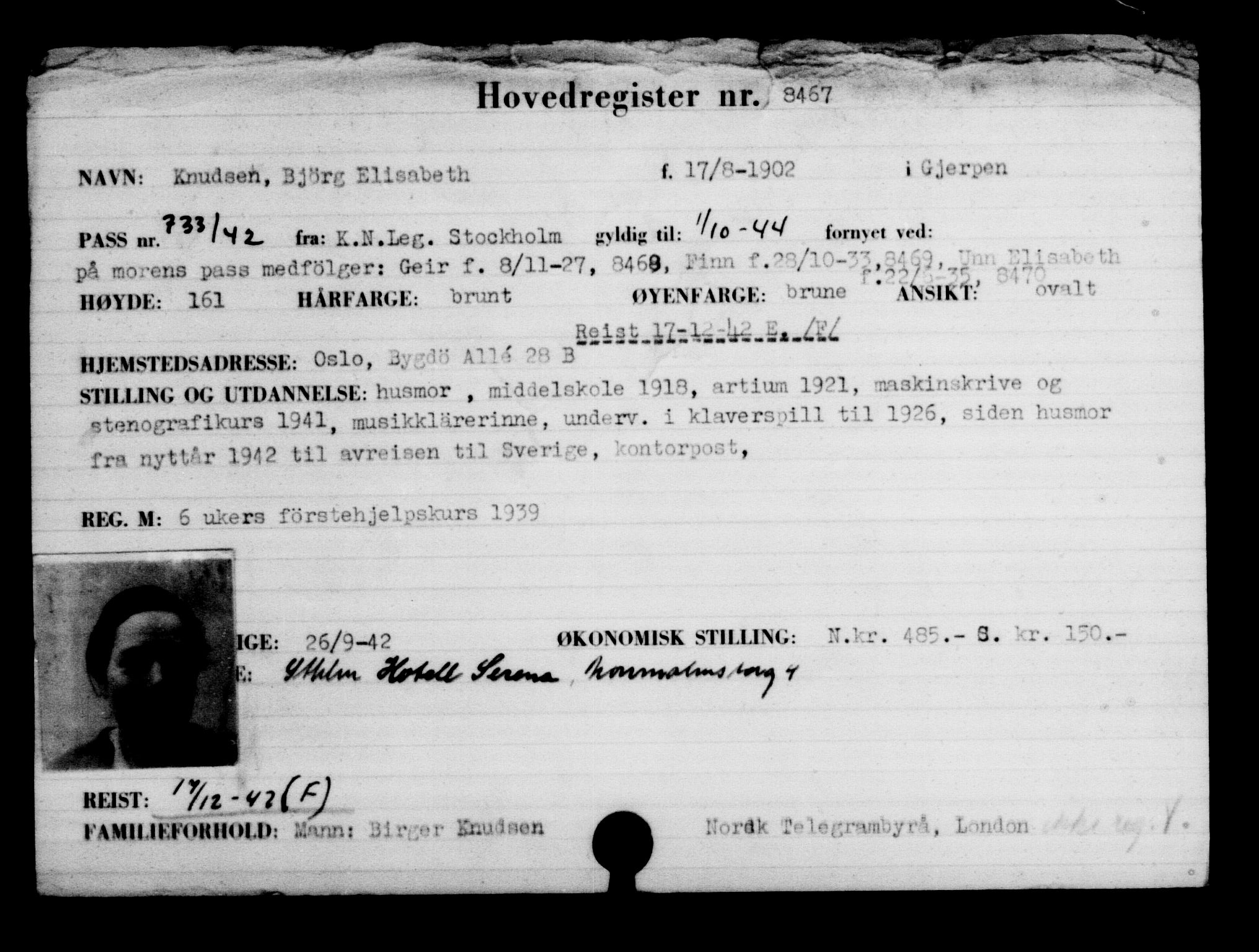 Utenriksstasjonene, Legasjonen i Stockholm, Flyktningkontoret, AV/RA-S-6753/V/Va/L0005: Kjesäterkartoteket, flyktninger med registreringsnr. 6600-9417, 1940-1945, s. 2184
