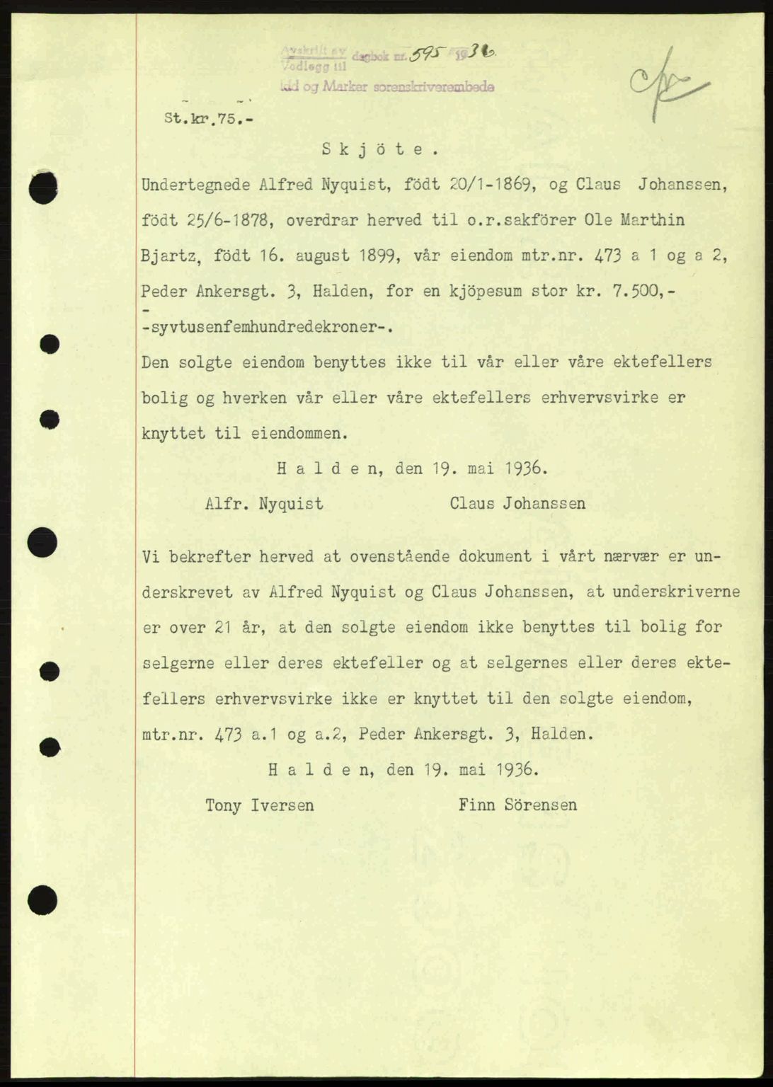 Idd og Marker sorenskriveri, AV/SAO-A-10283/G/Gb/Gbb/L0001: Pantebok nr. A1, 1936-1937, Dagboknr: 595/1936