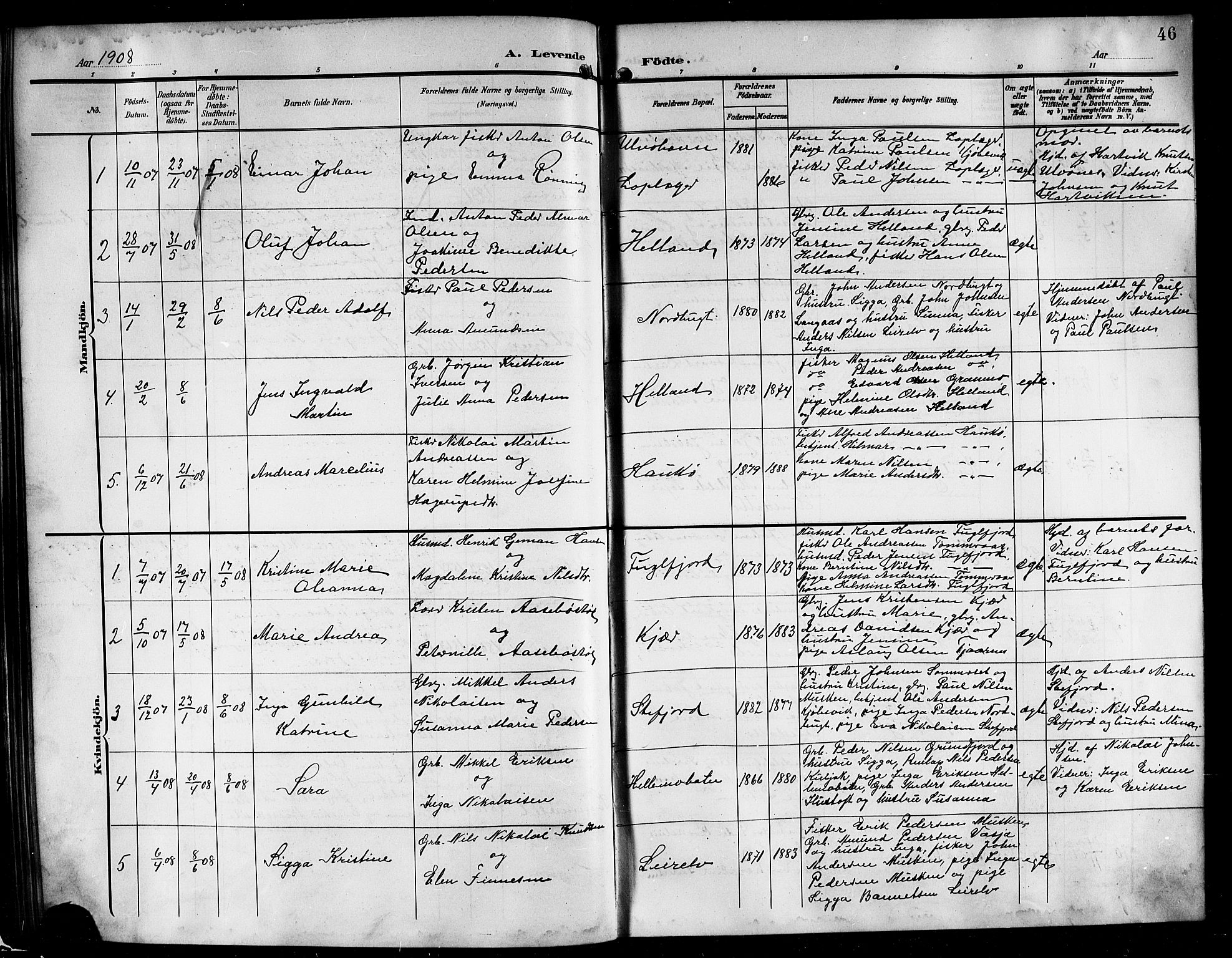 Ministerialprotokoller, klokkerbøker og fødselsregistre - Nordland, AV/SAT-A-1459/861/L0877: Klokkerbok nr. 861C03, 1903-1919, s. 46