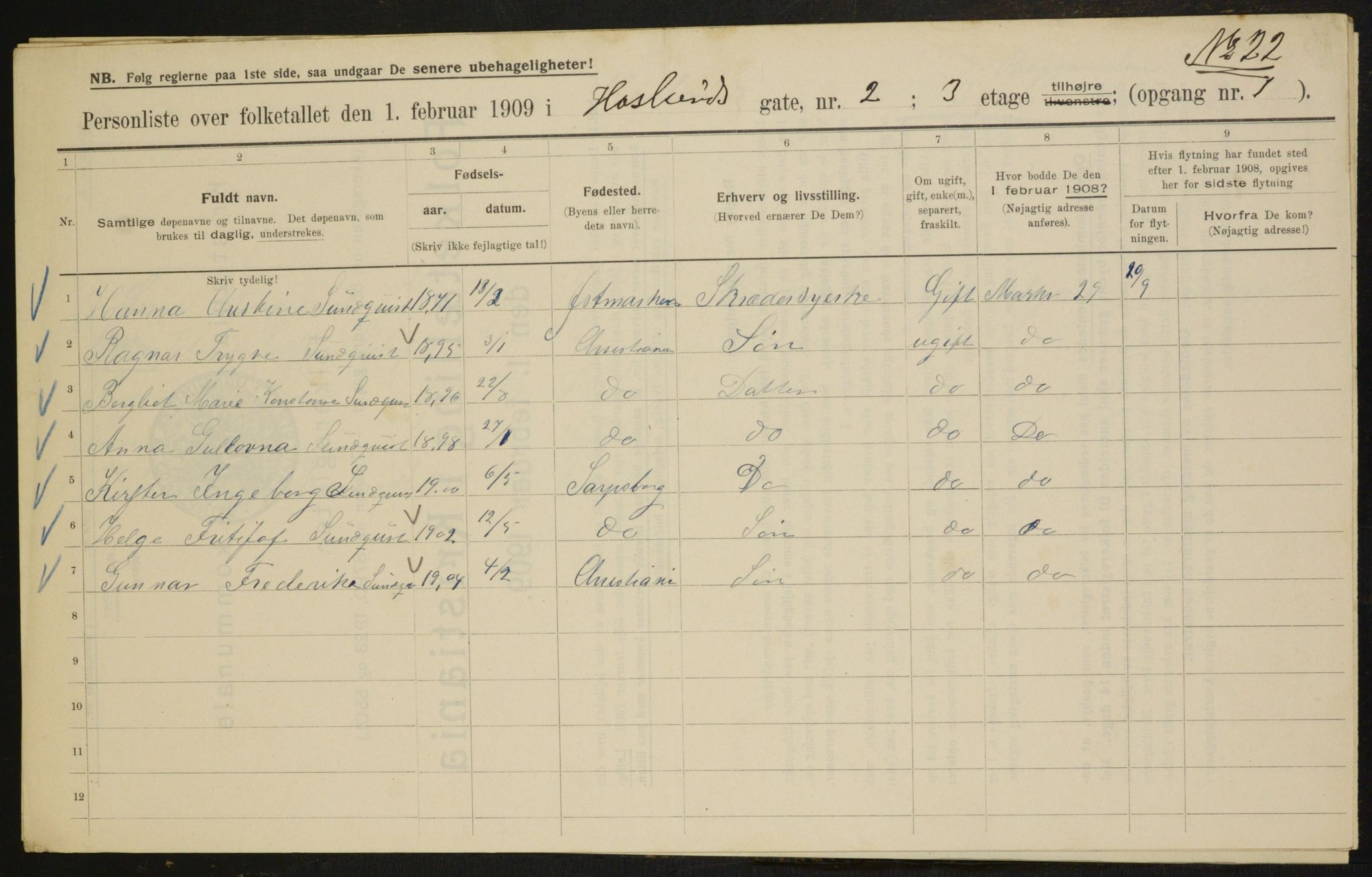 OBA, Kommunal folketelling 1.2.1909 for Kristiania kjøpstad, 1909, s. 24232