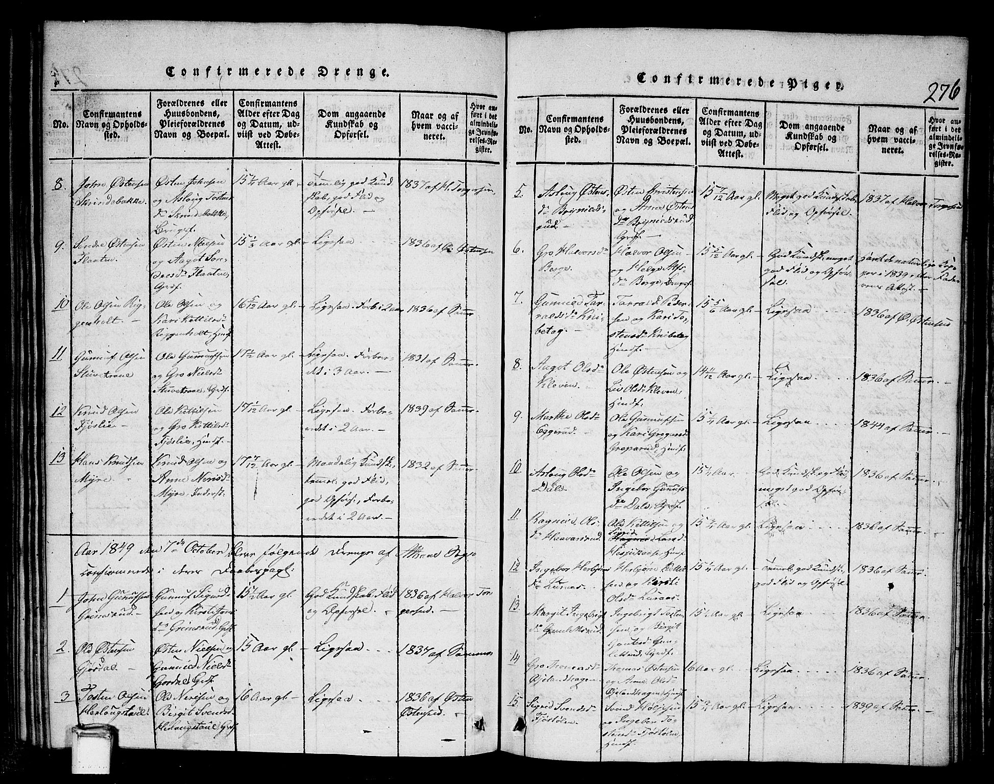 Tinn kirkebøker, AV/SAKO-A-308/G/Gb/L0001: Klokkerbok nr. II 1 /2, 1837-1850, s. 276