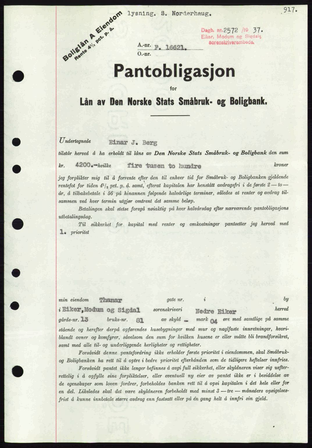 Eiker, Modum og Sigdal sorenskriveri, SAKO/A-123/G/Ga/Gab/L0036: Pantebok nr. A6, 1937-1937, Dagboknr: 2572/1937