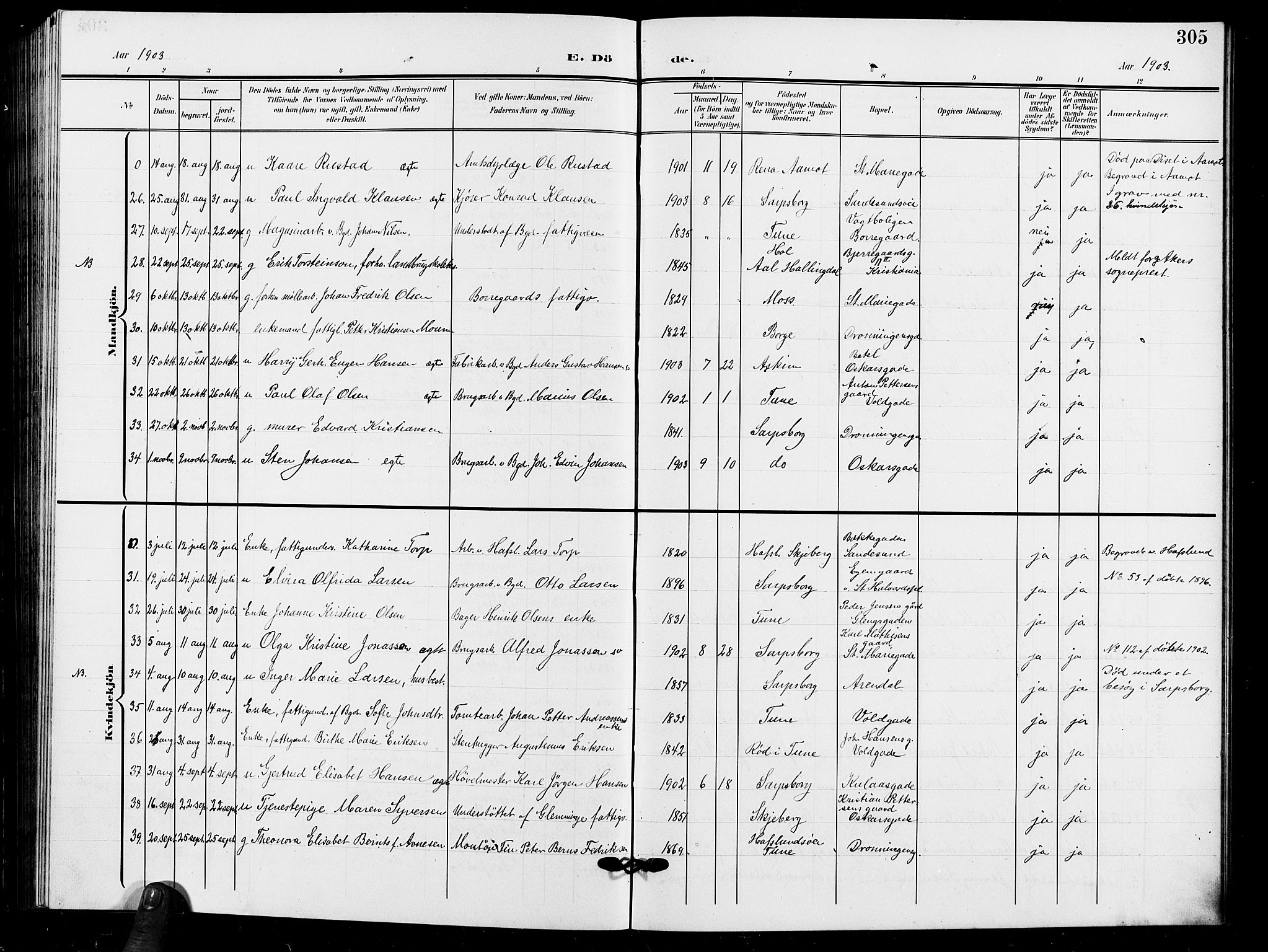 Sarpsborg prestekontor Kirkebøker, AV/SAO-A-2006/G/Ga/L0001: Klokkerbok nr. 1, 1902-1911, s. 305