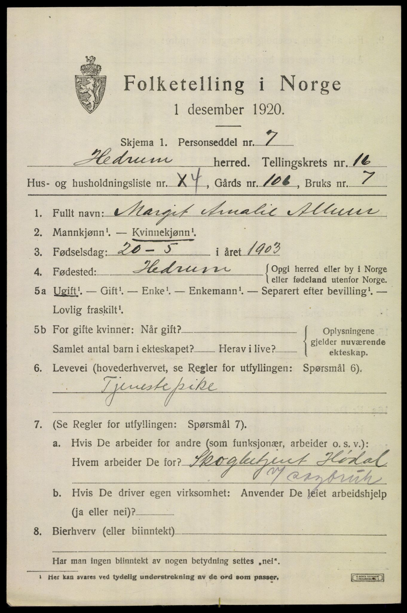 SAKO, Folketelling 1920 for 0727 Hedrum herred, 1920, s. 10285