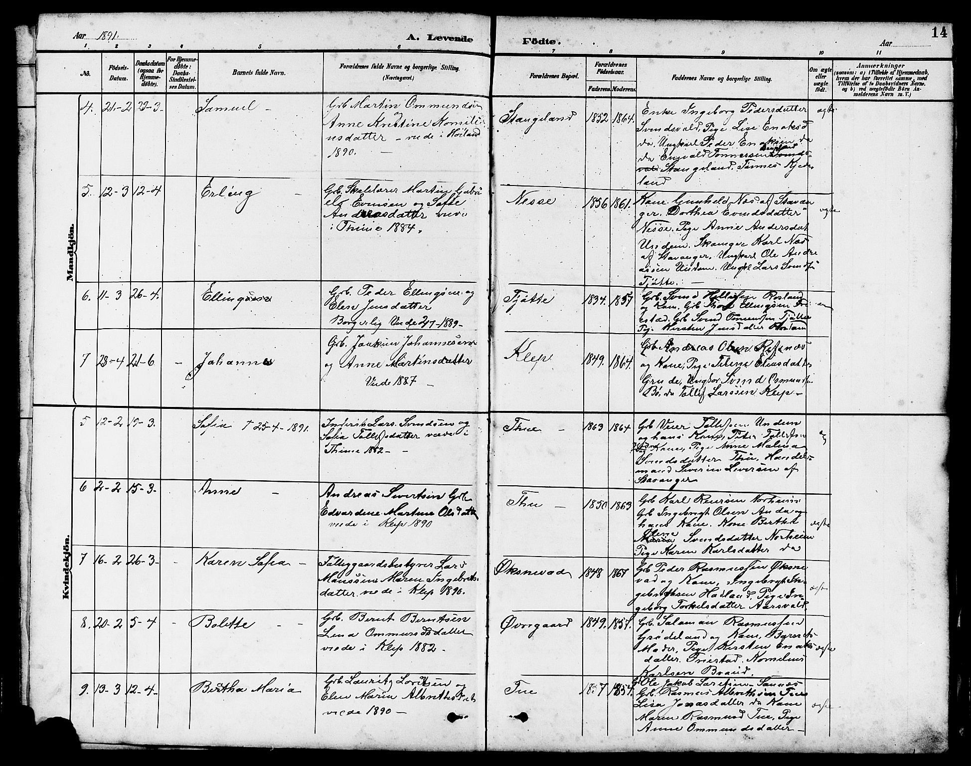 Klepp sokneprestkontor, SAST/A-101803/001/3/30BB/L0004: Klokkerbok nr. B 4, 1889-1914, s. 14