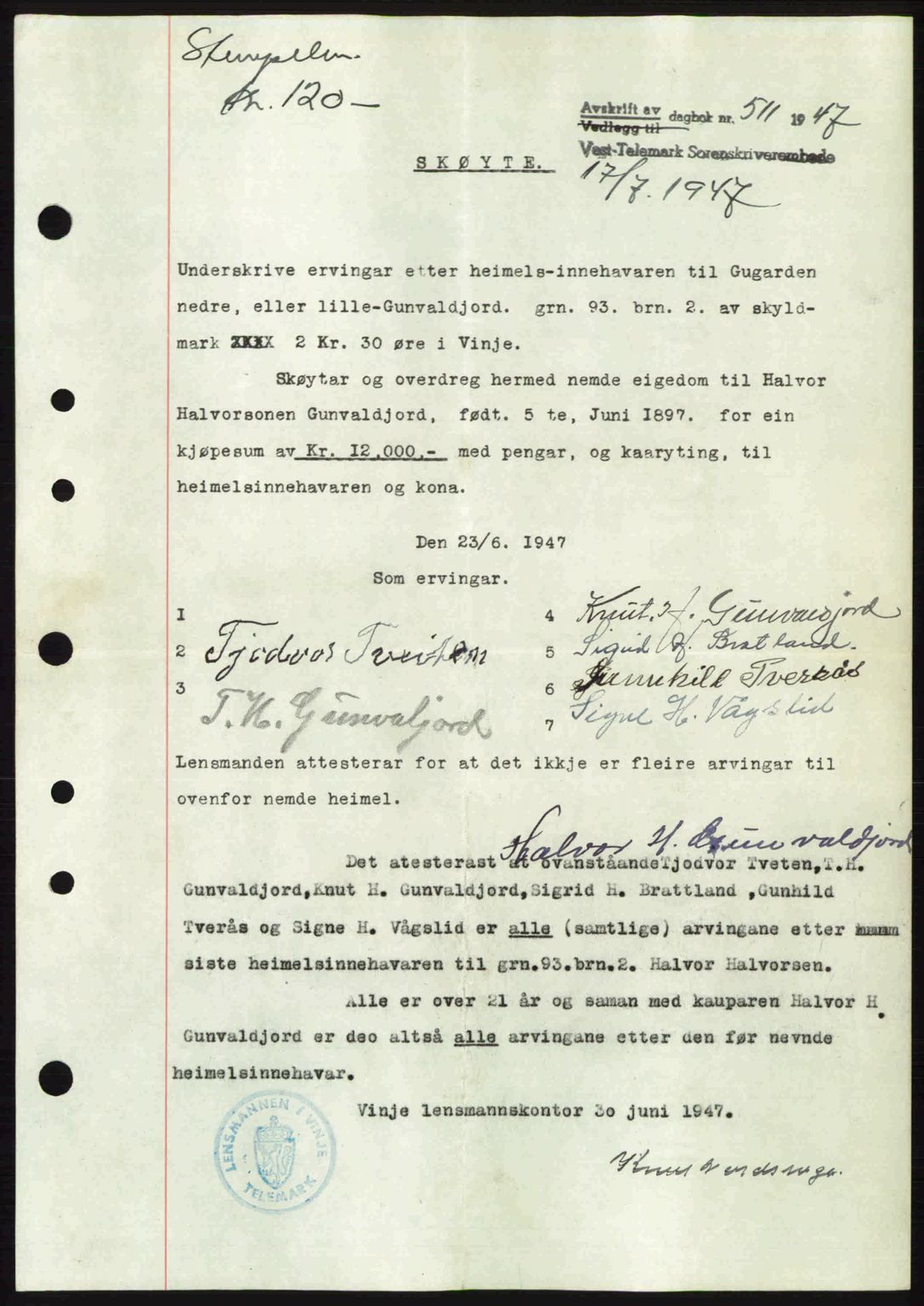 Vest-Telemark sorenskriveri, SAKO/A-134/G/Ga/Gac/L0008: Pantebok nr. A-8, 1947-1948, Dagboknr: 511/1947