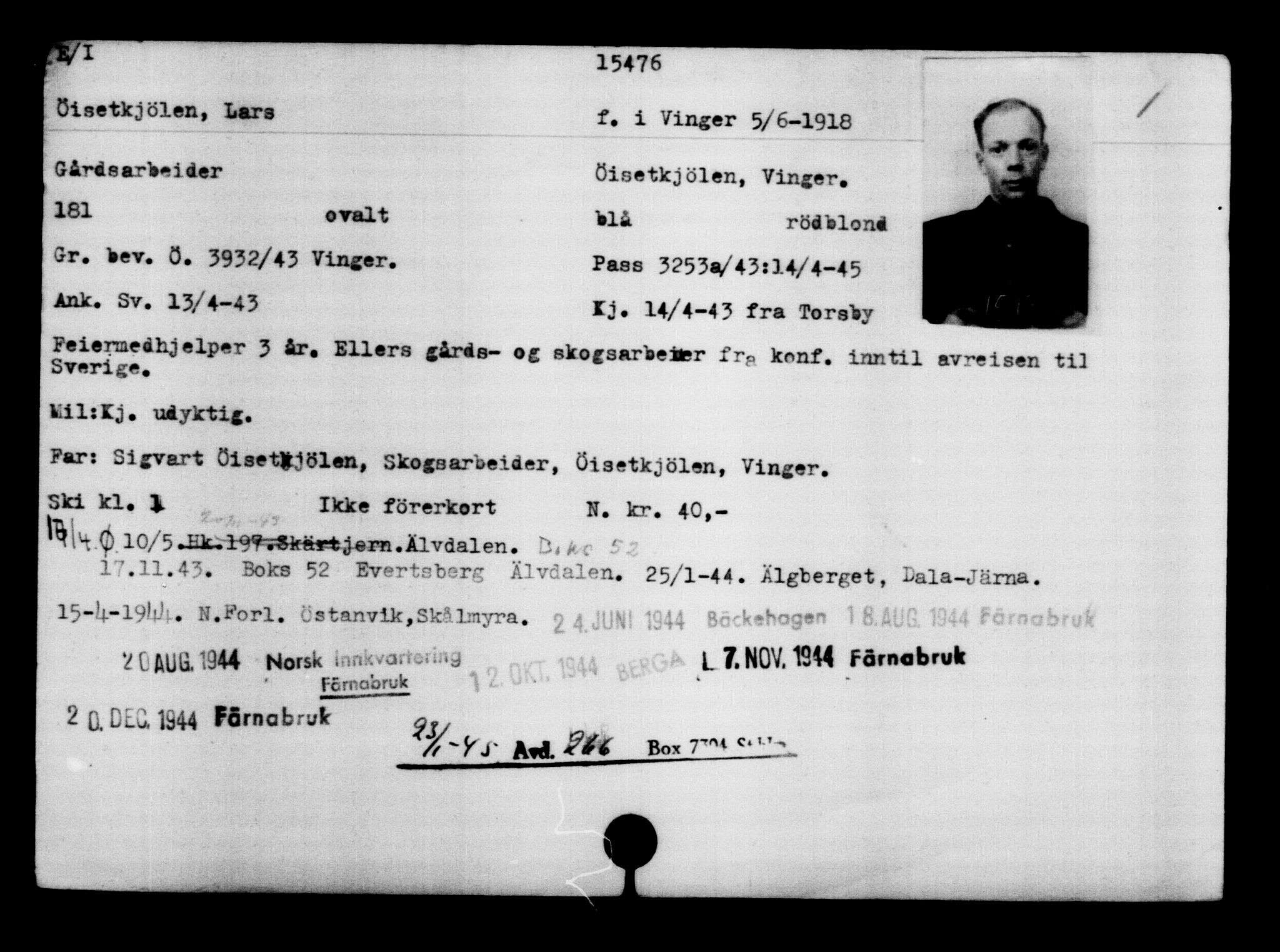 Utenriksstasjonene, Legasjonen i Stockholm, Flyktningkontoret, AV/RA-S-6753/V/Va/L0007: Kjesäterkartoteket, flyktninger med registreringsnr. 12700-15723, 1940-1945, s. 3181